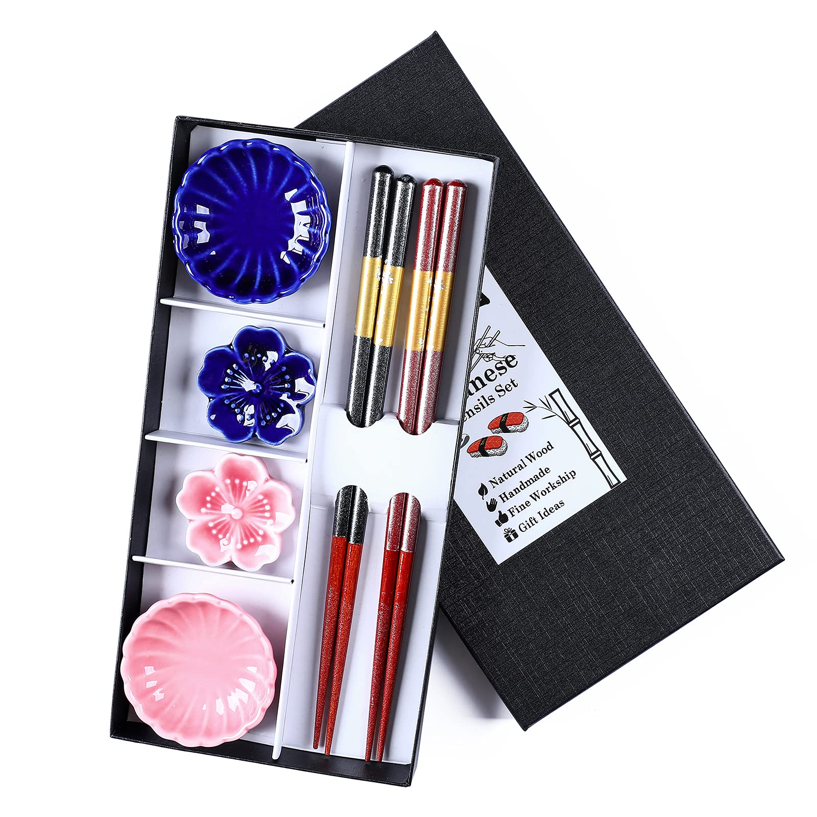 FCOZM Japanese Wooden Chopsticks Reusable Chopsticks Dishwasher Safe Couple Chop Sticks Gift Set with Japanese Chopsticks Rest and Soy Sauce Dish Cute Chopsticks for Sushi Ramen (Navy Blue+Pink)