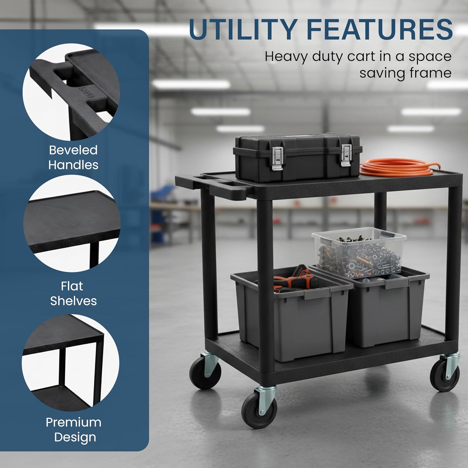 Luxor LP26-B 26"H AV Cart with Two Shelves, Ideal for Low-Duty Applications, Made of Recycled Molded Plastic, Scratch, Dent, Rust and Stain Resistant