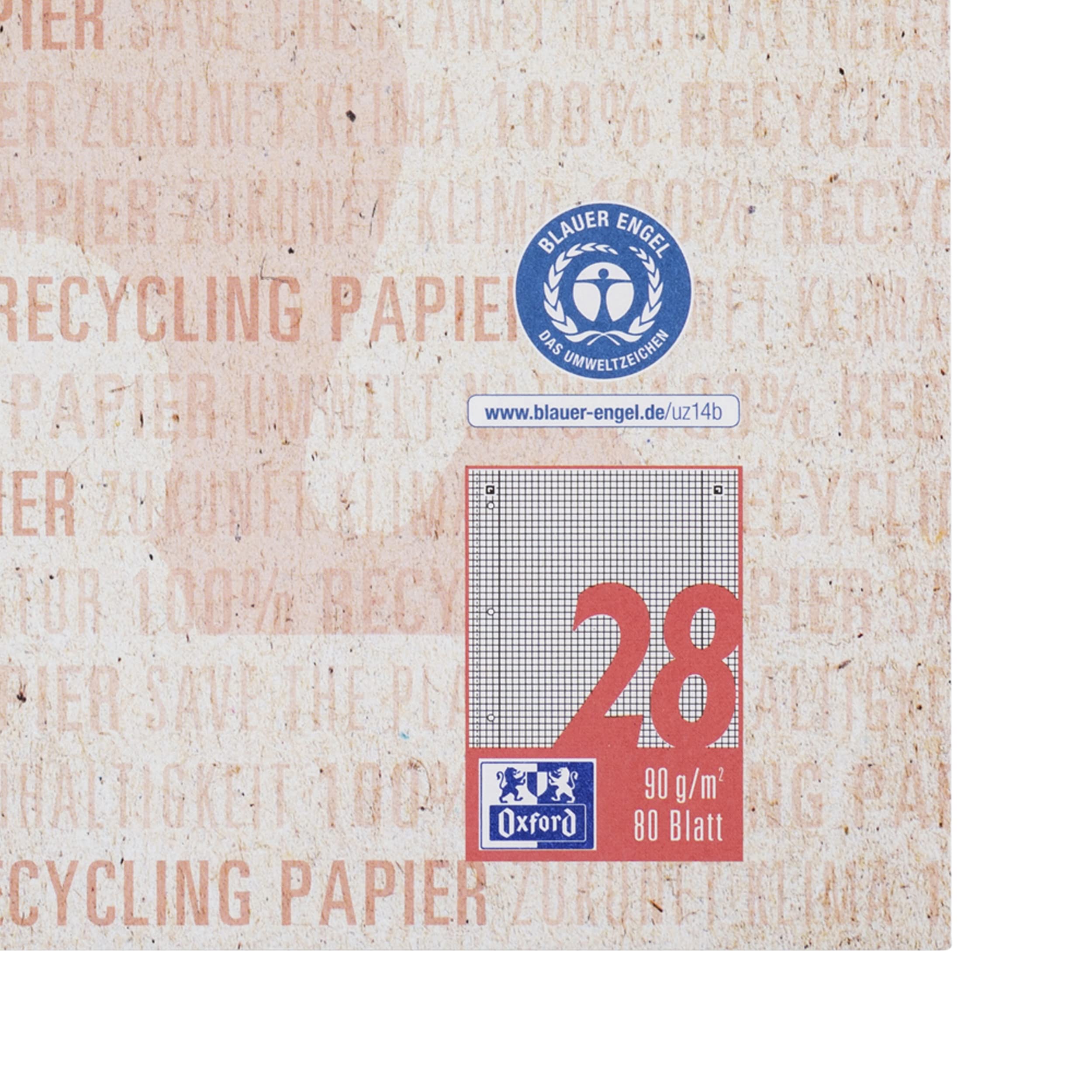 Oxford Recycling Collegeblock A4 kariert mit Doppelrand, 80 Blatt, 10 Stück