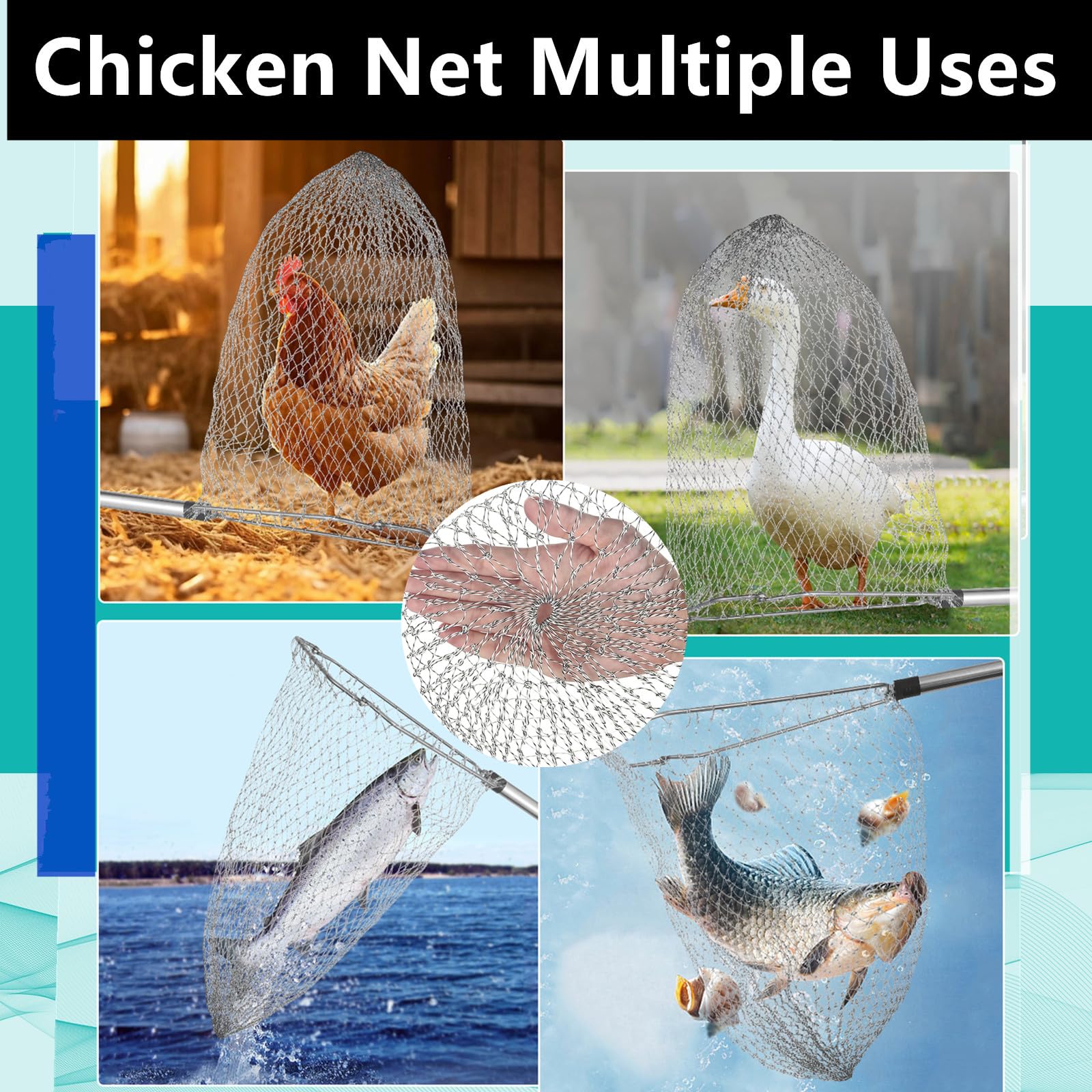 Filet de ramassage de poulet, rallonge réglable de 188 cm, le filet pour animaux est fabriqué en acier inoxydable, adapté pour attraper les petits canards, oies, oiseaux, poissons, etc. (38,9 x 58,9