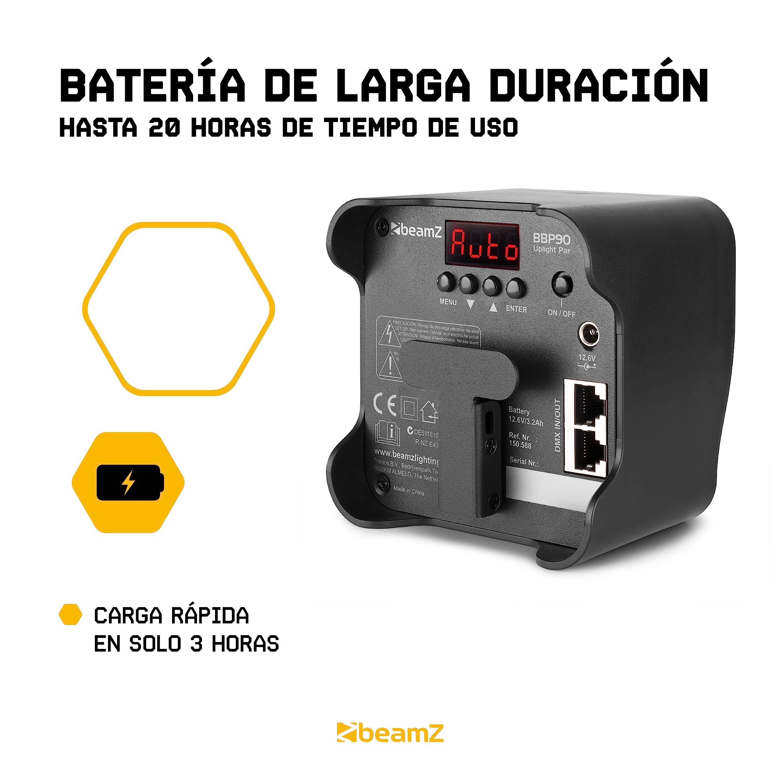 BeamZ BBP90 – Foco Par Led a batería 4 x 4W RGB-UV, hasta 20h, recarga 3h, sin ventilador silencioso, mando IR, DMX 7ch RJ45 con adaptador XLR, 1077lx, 24°, IP20, DJ pro – Color negro