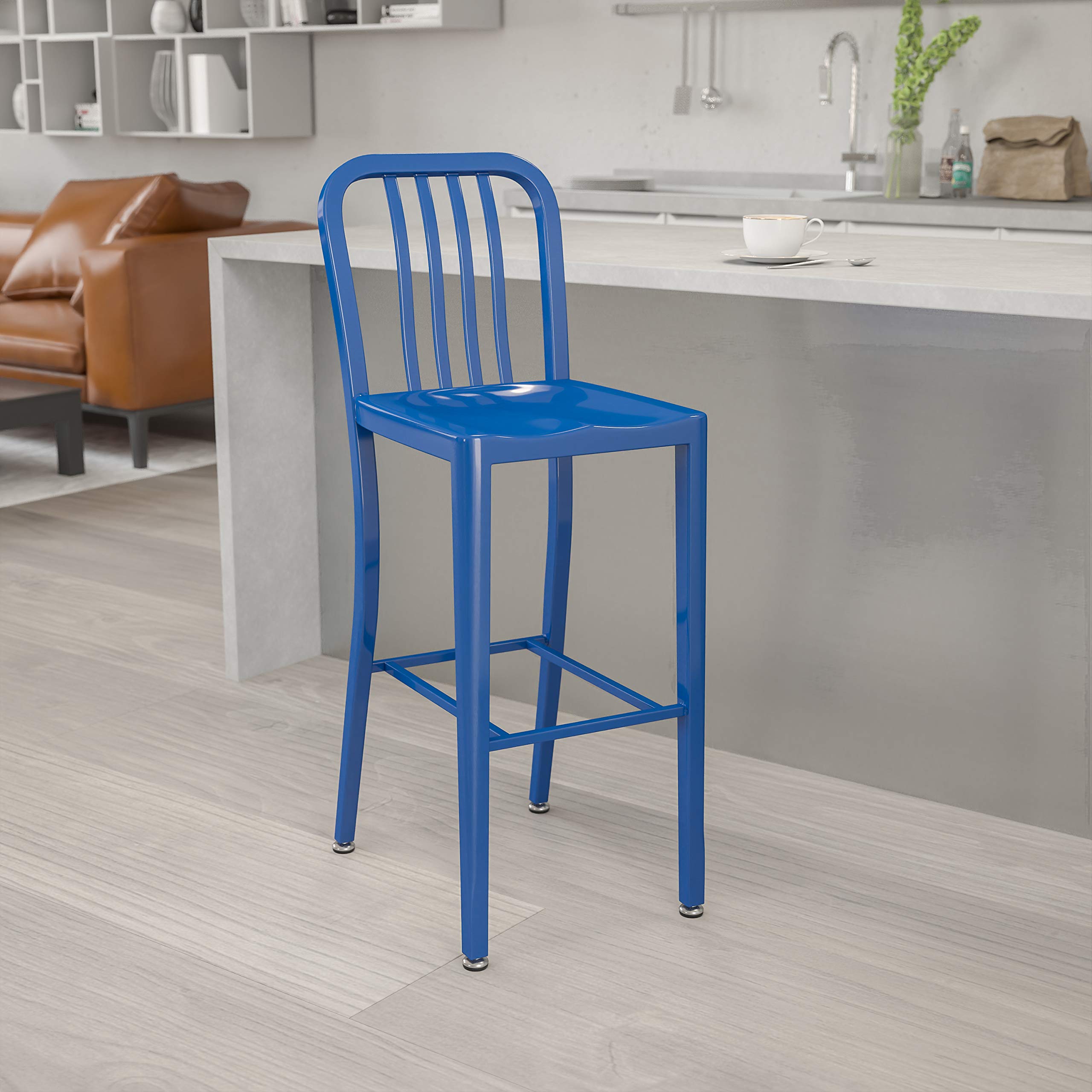 BizChair Commercial Grade 30" H Blue Metal Indoor-Outdoor Barstool with Slat Back