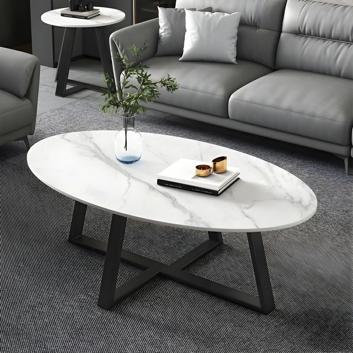 KWOKING Contemporary Oval Stone Top Coffee Cocktail Table with Cross Base Slab Coffee Table Marble Coffee Table Small Apartment Oval Tea Table White