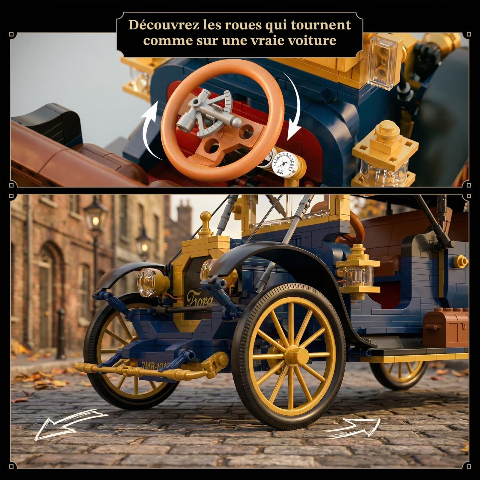 JMBricklayer Blocs de construction de Voiture vintage avec lumière pour adultes, 50003 Maquette rétro à toit pliant en cuir, Set d'exposition collectionneur, ancienne Cadeau pour fans dès 14 ans