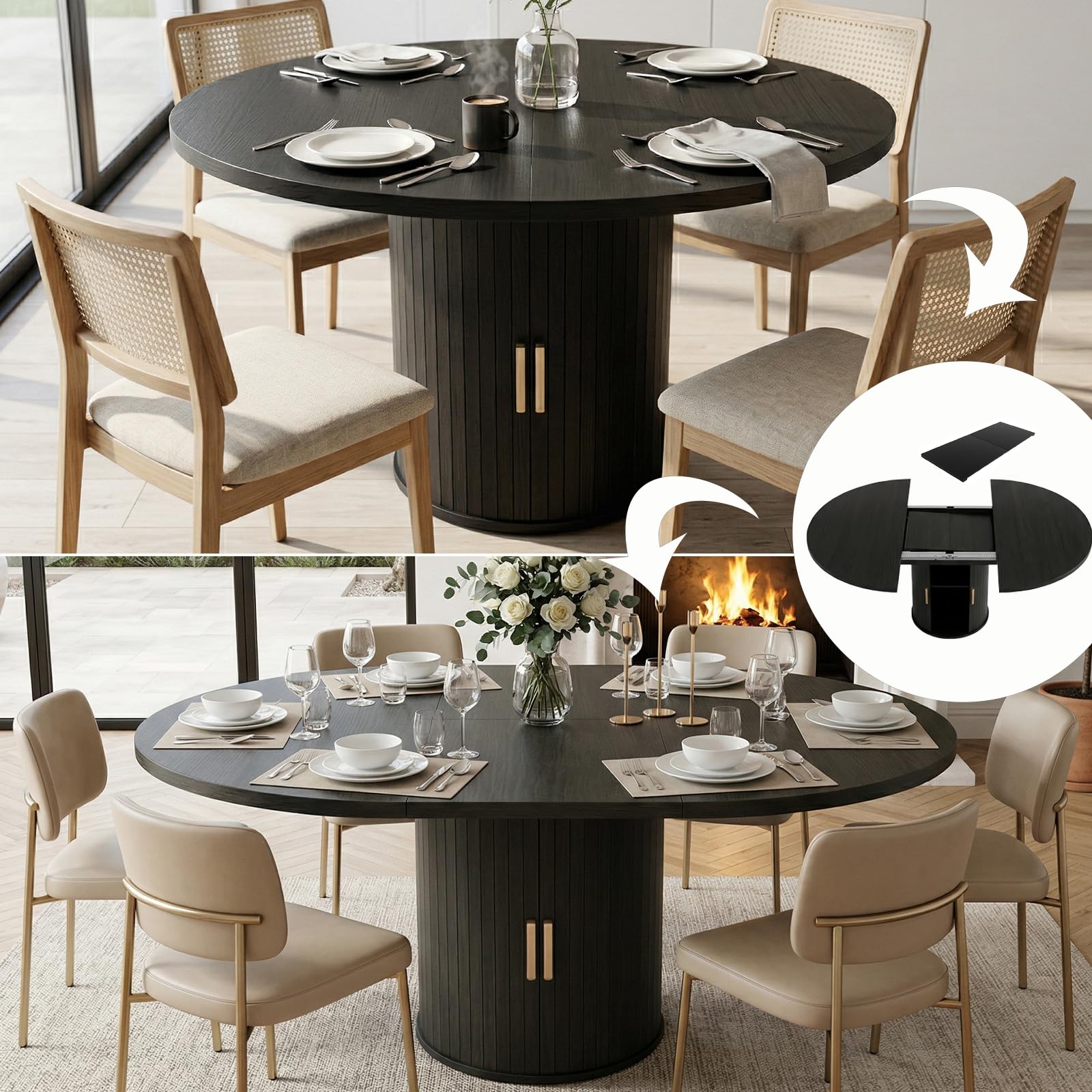 Mesa de comedor redonda extensible - de redonda a ovalada | Mesa de comedor moderna con base cilíndrica, mesa de cocina de madera para 4-6 personas, color negro (solo mesa)