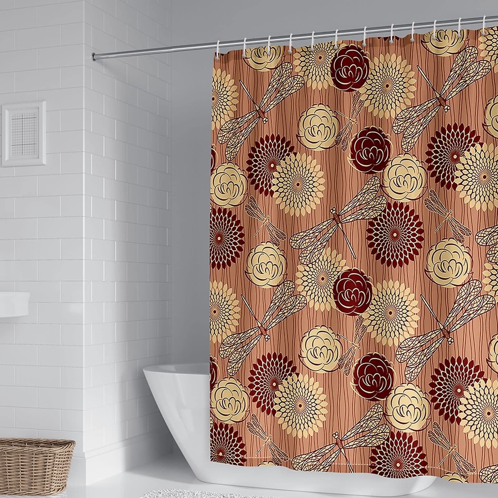 Rideau de douche 150x200cm en polyester brun avec motifs fleurs et libellules KnSam