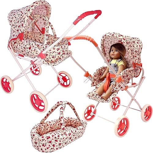 Juego de Cochecito de Muñeca, Cochecito de Muñeca 3 en 1 con Moisés Extraíble, Carrito para Muñecas, Cochecito de Muñeca de Juguete para Niños Floral