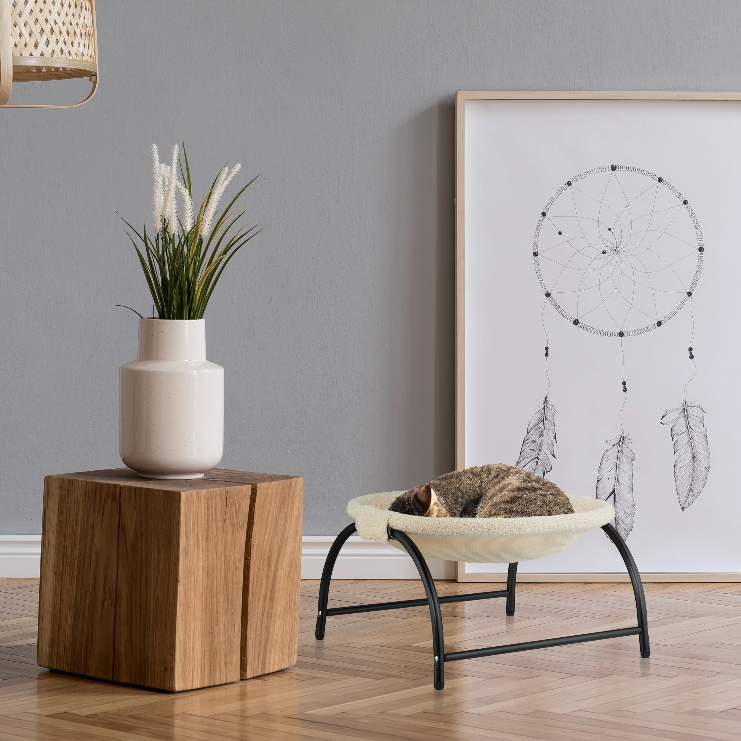 Relaxdays Cama Elevada para Gatos, Hamaca Mascotas, Felpa, 25 x 45 x 42 cm, Colchoneta Felinos con Soporte, Beige/Negro, Acero, Poliéster