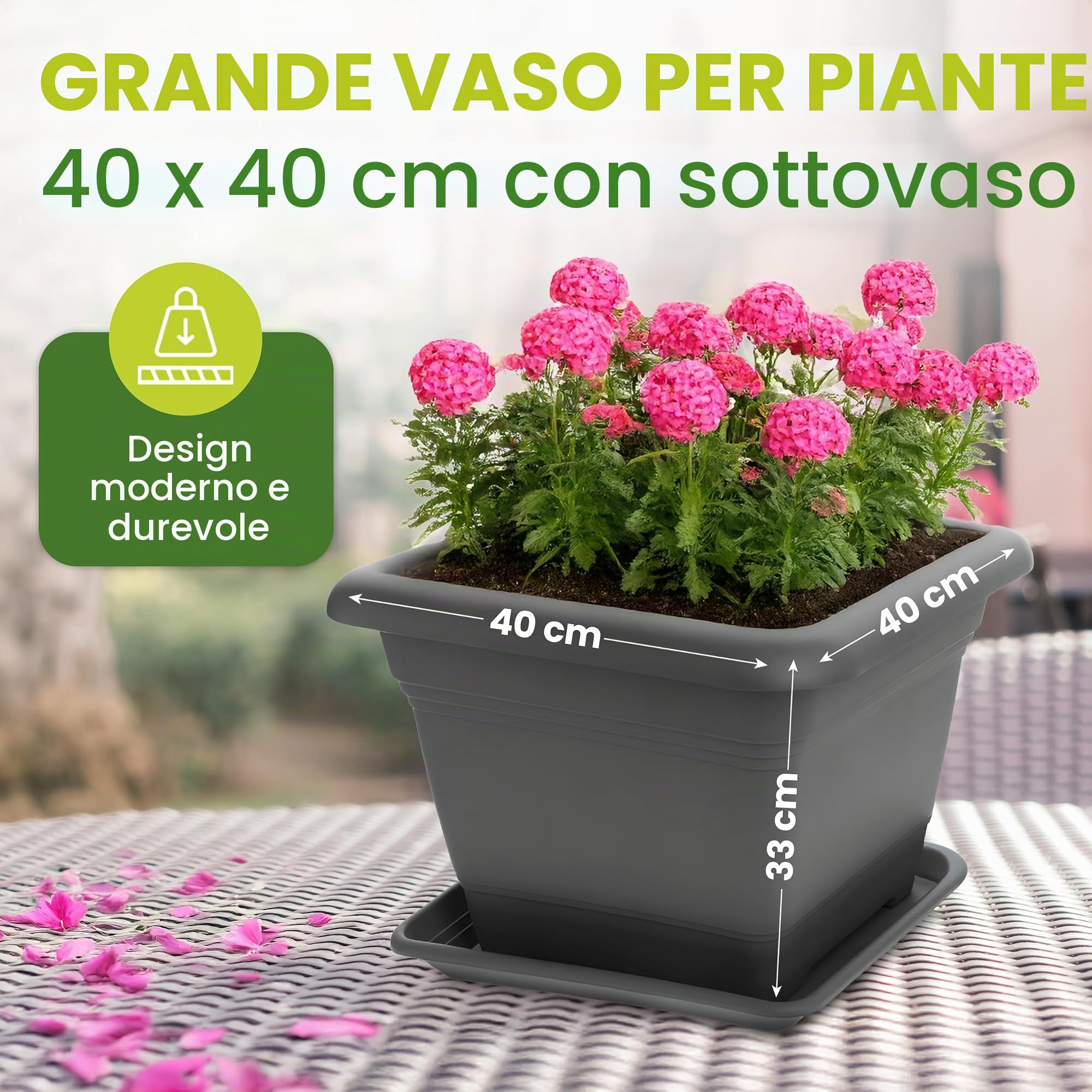 Set di 2 fioriere grandi per esterni, 40 x 40 cm, 46 litri, vaso per piante con sottovaso, vasi in plastica realizzati in Germania, colore: antracite