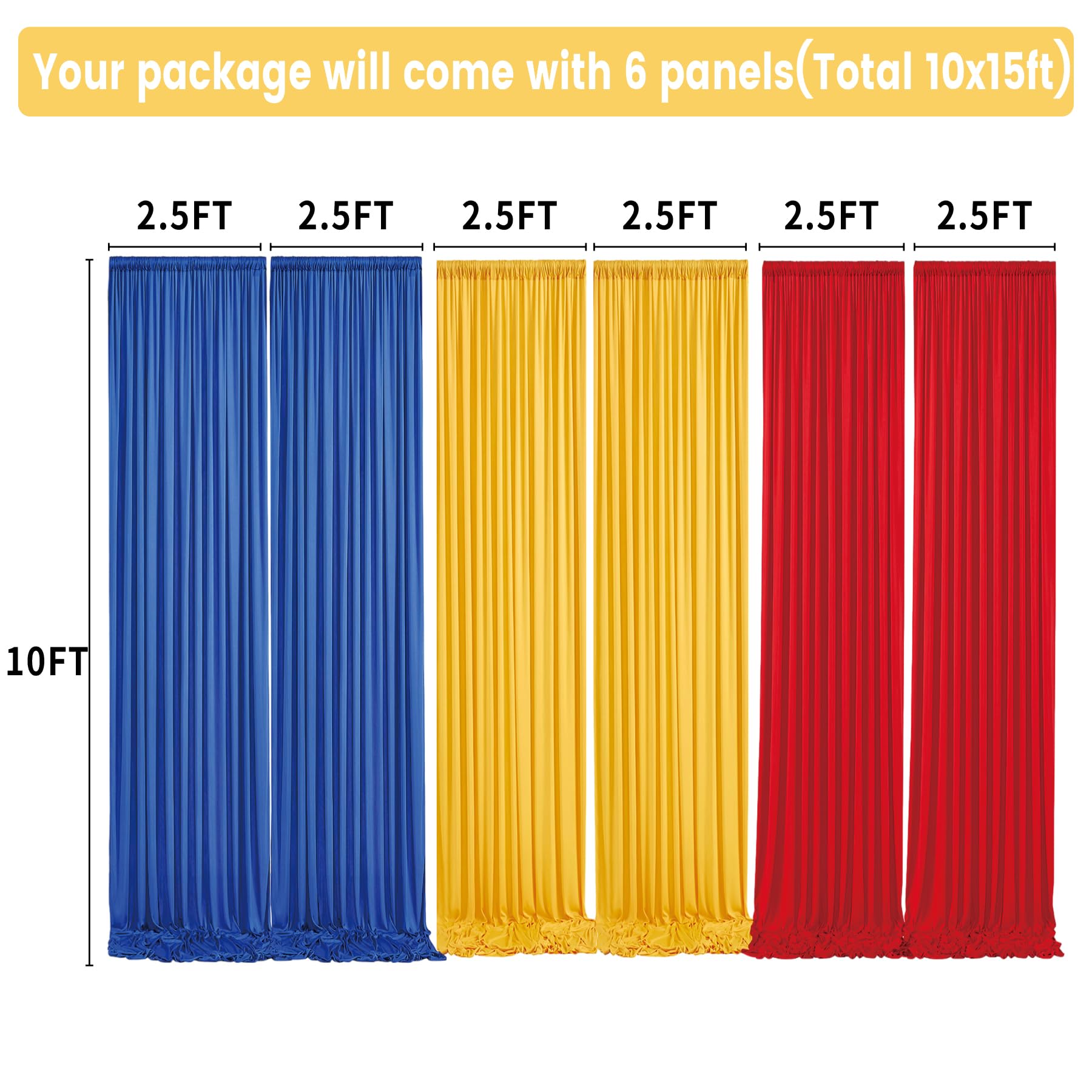 Hintergrundvorhang Für Partys – 3 M X 4,5 M, 6 Paneele, Gelb-rot-königsblau, Knitterfrei