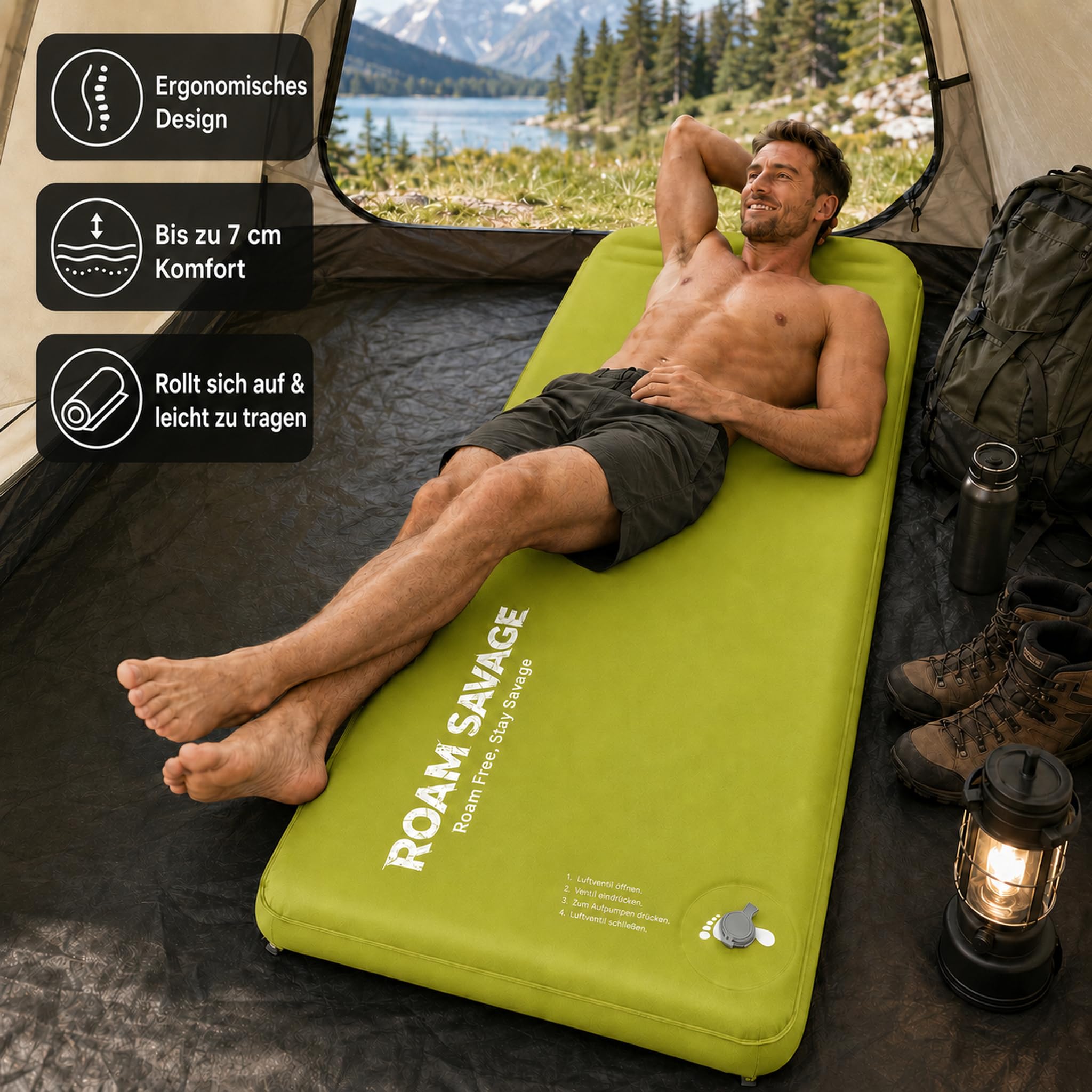 ROAM Savage Selbstaufblasende Camping-Isomatte, 7 cm Schlafmatte mit Kopfkissen, R-Wert 8,0 Isolierung, 50D TPU-Gewebe, koppelbare Luftmatratze für Camping, Wandern und Reisen