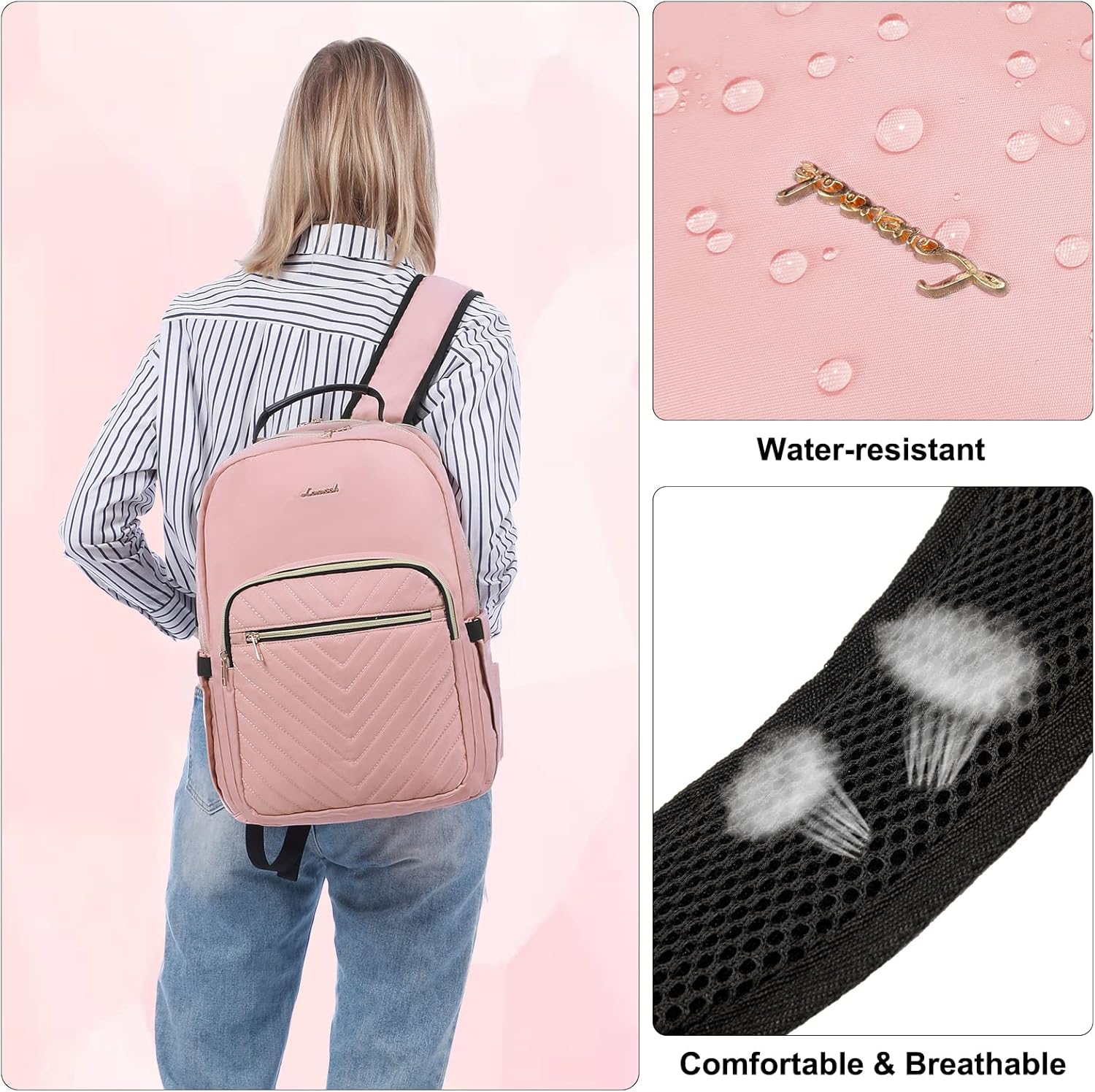 LOVEVOOK Laptop Backpack for Women 15.6 inch,Cute Womens Travel Purse,Professional Laptop Computer Bag,Waterproof Work Business College Teacher Bags Carry on Backpack with USB Port,Pink - Image 8