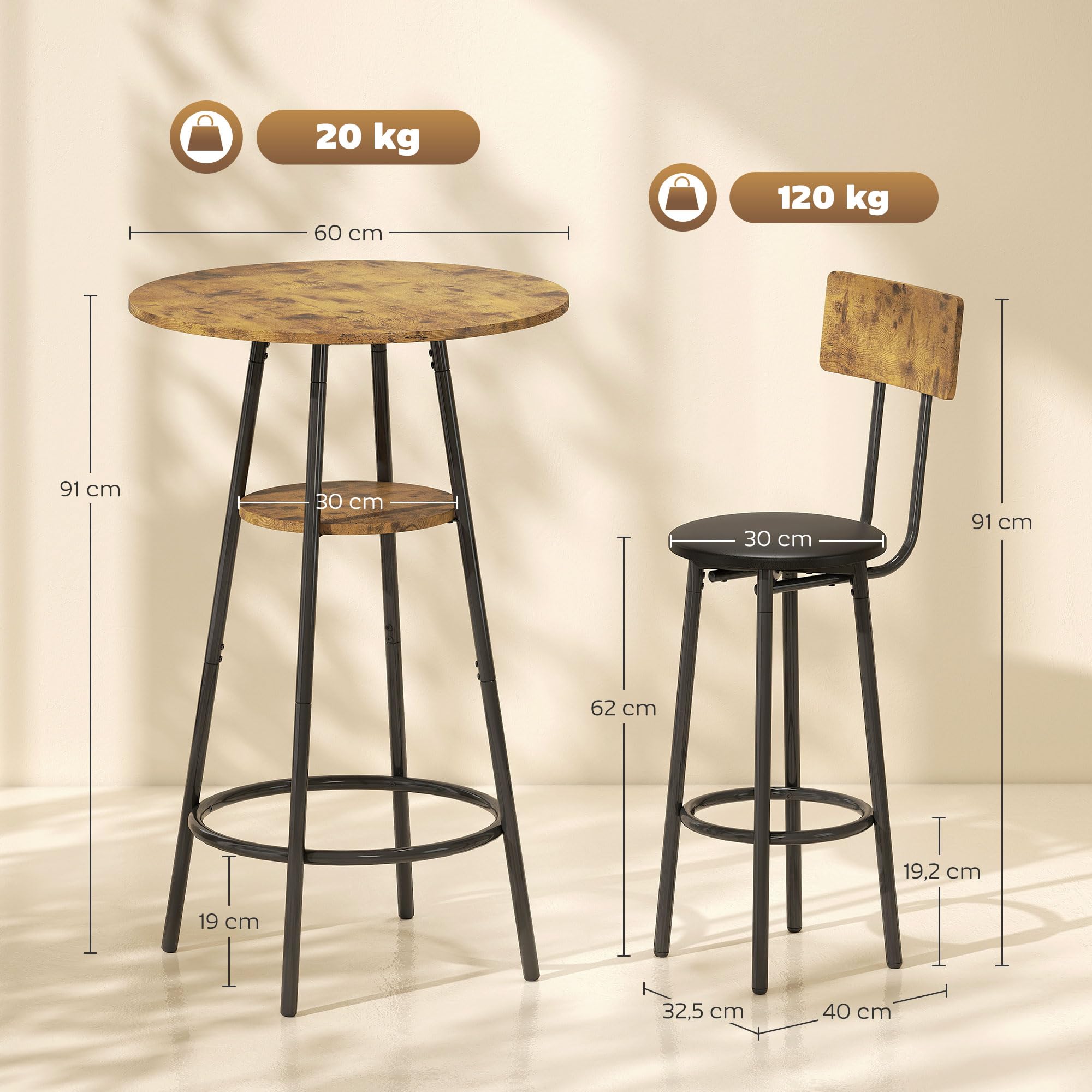 HOMCOM Bartisch mit Barhocker-Set Esstisch mit 2 Gepolsterten Stühlen mit Fußstütze, Metallrahmen, Industrial Bartisch Set Küchetisch mit Ablage für Esszimmer, Kleine Raum, Rustikal-Braun