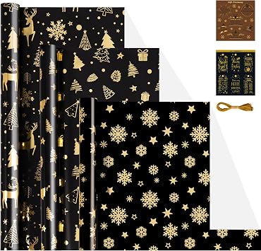 Rancco Christmas Wrapping Paper Rolls-3 Rolls Black and Gold Wrapping Paper, Christmas Tree Snowflake Reindeer Glitter Foil Xmas Wrap Paper for New Year, Party, Birthday, Wedding, Holiday, 17 x 118
