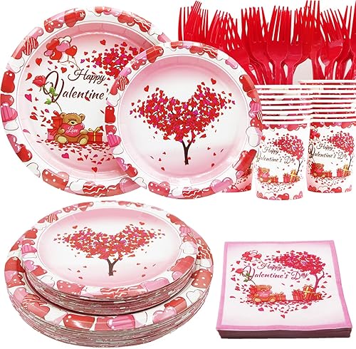 Decodinli Suministros de fiesta para el día de San Valentín sirve para 25 personas decoración de fiesta del día de San Valentín platos y servilletas