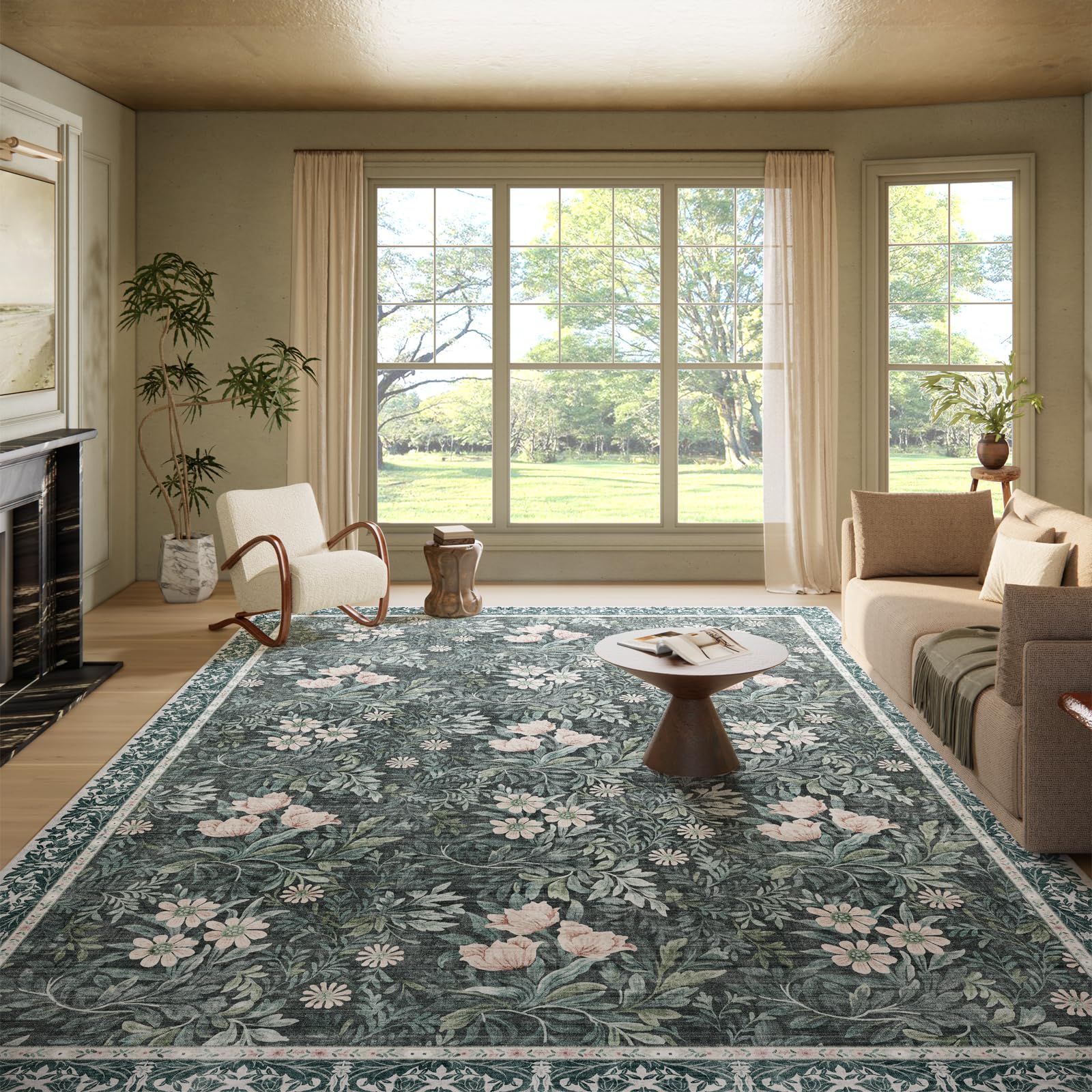 Washable 9x12 Area Rug - Light Green Vintage Floral with Ornate Border, Soft Low Pile Carpet for Living Room, Dining Room Under Table, Bedroom Non-Slip, Stain Resistant &amp; Durable