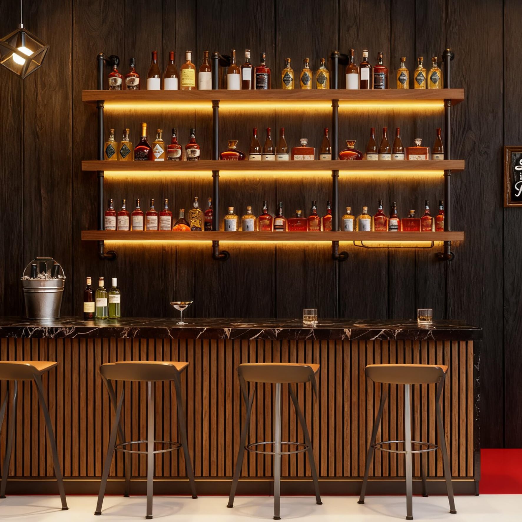 Weinregal Wand, Industrieller Massivholz Weinpareite Display Rack, 3 Ebenen Weinflaschenhalter Wandmontage, schwebendes Barregale Wand für Zuhause, Bar Deko, Küche, Restaurant (140cm)