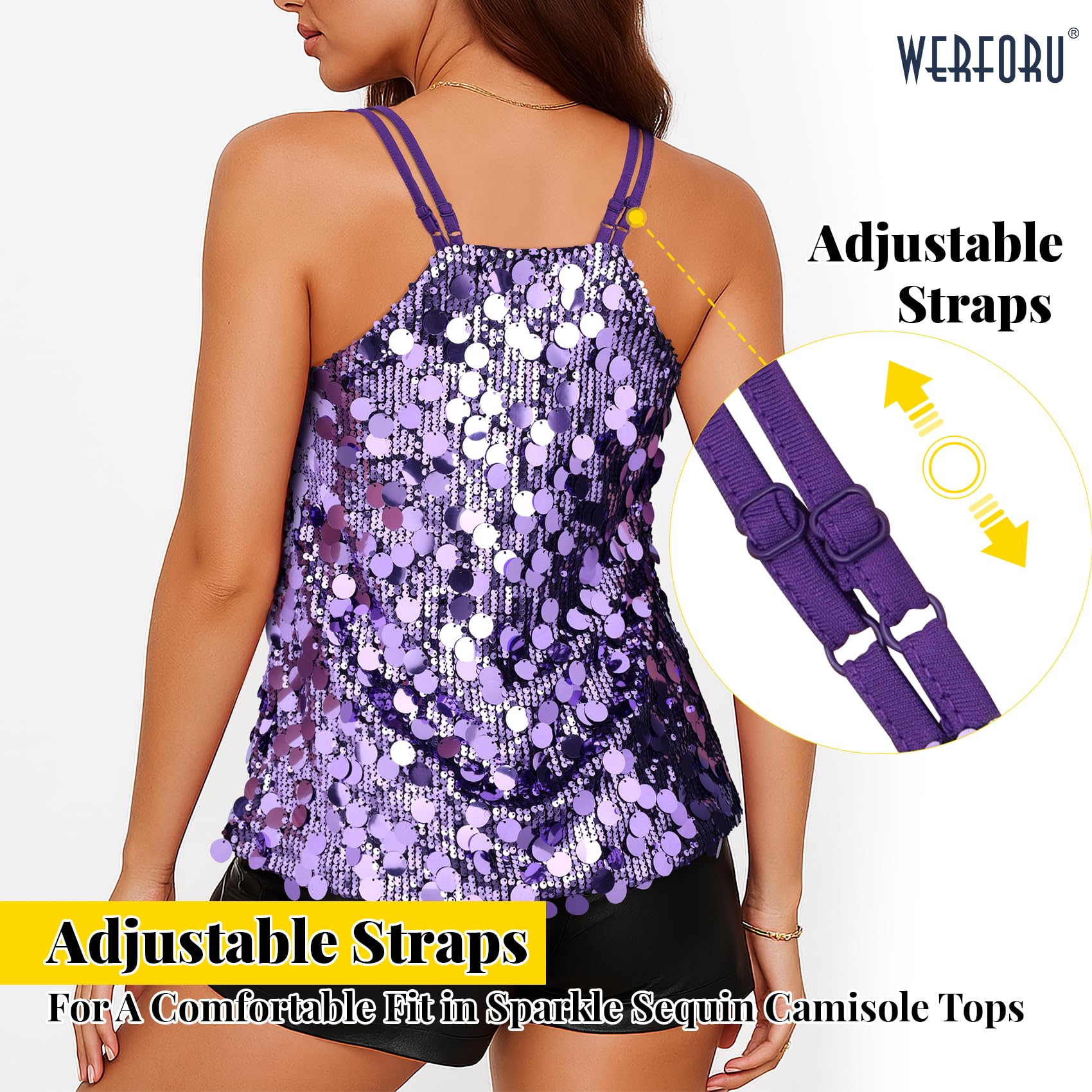 WERFORU Top da donna con paillettes, allacciatura al collo, top da donna per feste, festival, viola., L