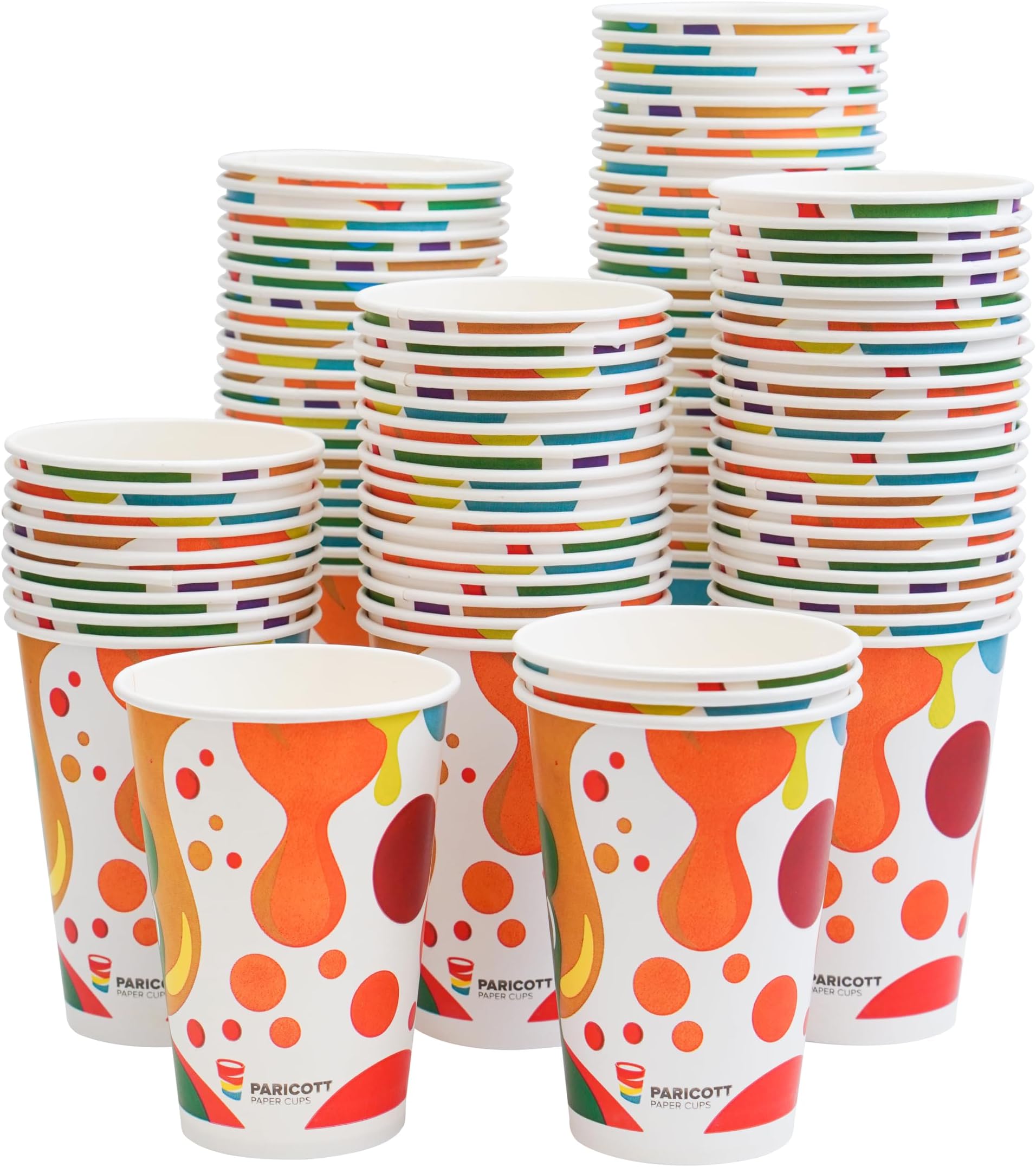 PARICOTT 300ml – 50 Cups | Multi Drop Printed Paper Cups | Disposable Use & Throw Cups for Tea, Coffee, Juice, Water, Wine, Cocktail, Parties, Events, Wedding, Travel – Eco-Friendly