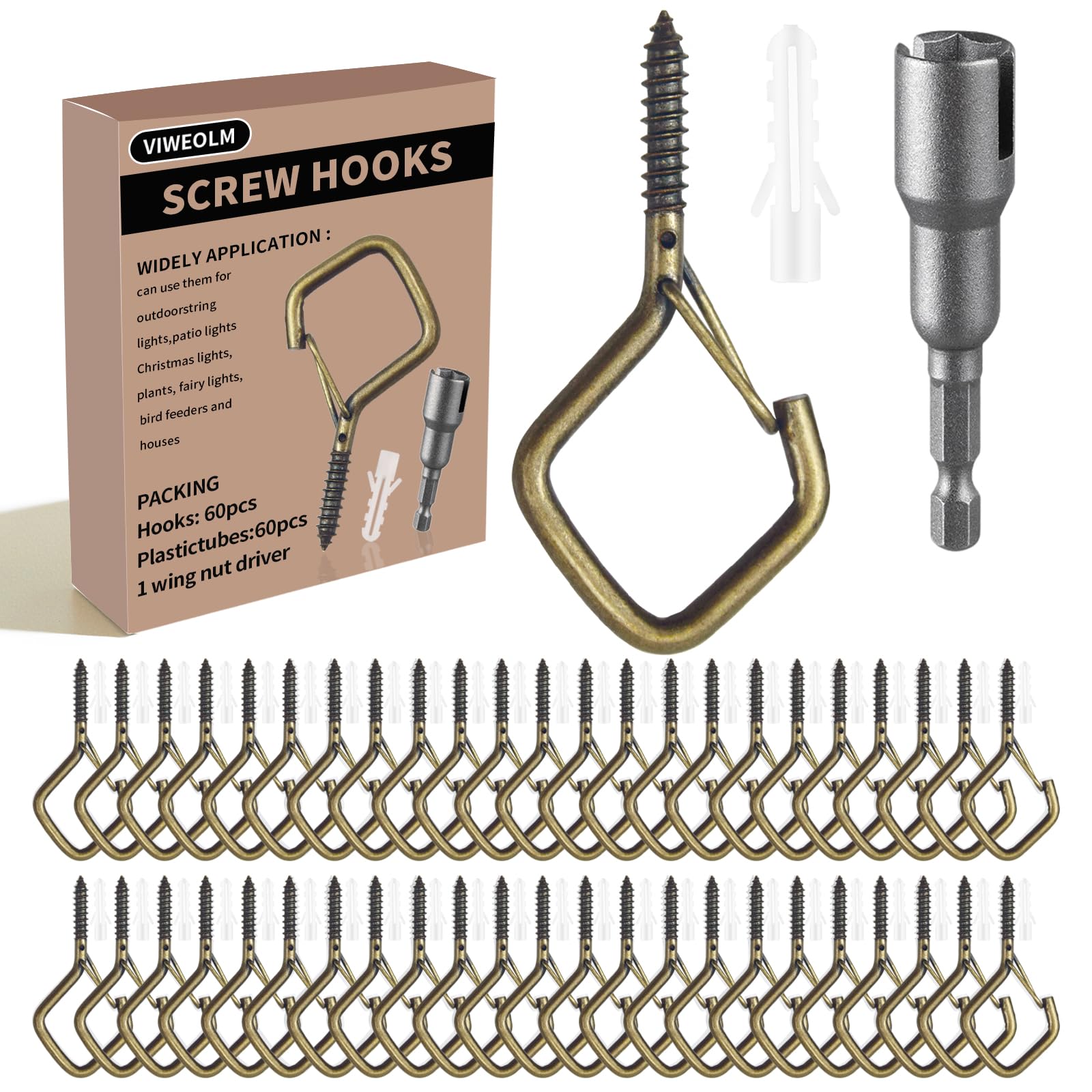 Viweolm 60 Pcs Bronze Eye Hooks Screw Heavy Duty,Ceiling Hooks for Hanging Plants,String Lights,Cup,Wind Chime,Bird Feeders. Plant Hanger Indoor&Outdoor