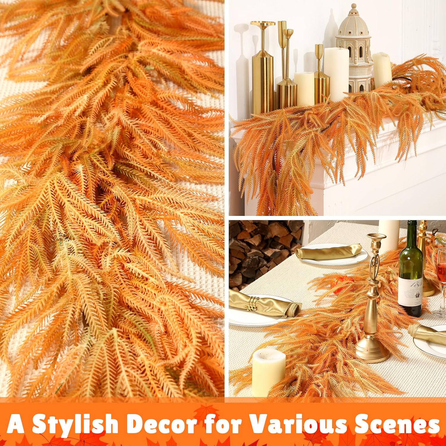 Thiccywoov 6 ft Fall Norfolk Pine Garland Autumn Artificial Leaves Needle Garland Neutral Fall Hanging Faux Pine Wreath for Fireplace Table Backdrop Wall Thanksgiving Christmas Outdoor Indoor Decor