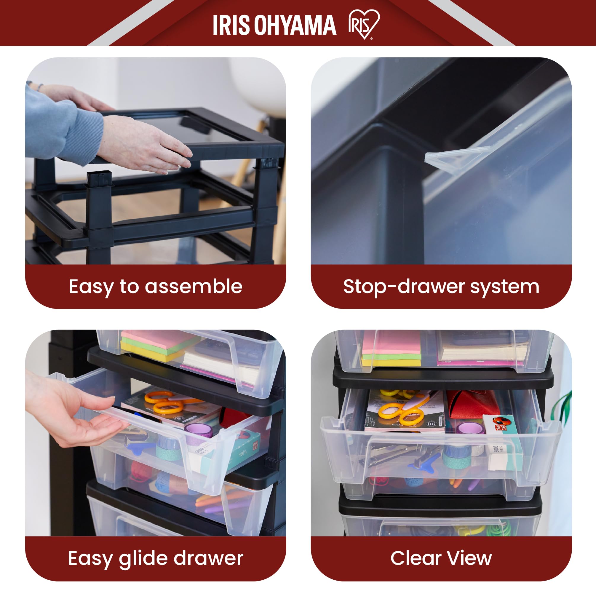 Iris Ohyama, Torre de Almacenamiento de Plástico con Ruedas, 10 Cajones Compactos, Negro, Fácil Apertura, Organizador para Oficina y Dormitorio, Sin BPA, KMC-010