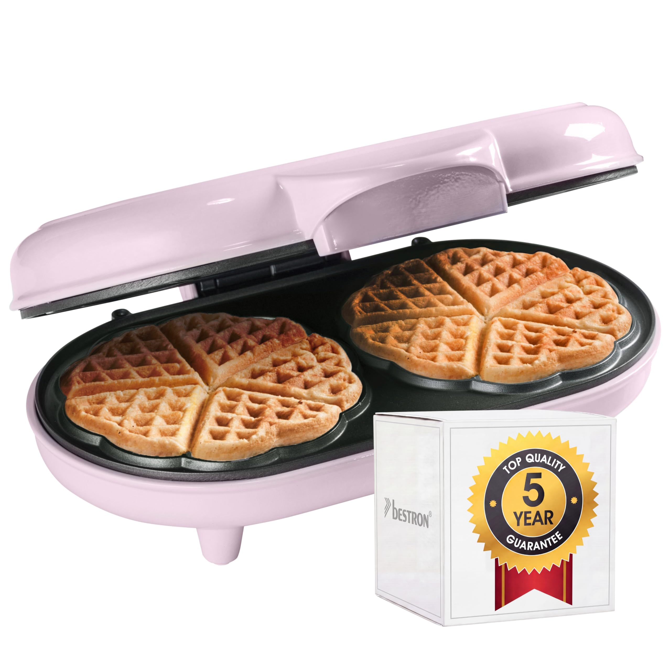 Bestron Doppel-Waffeleisen für klassische Herzwaffeln, Herzwaffeleisen mit Backampel & Antihaftbeschichtung, ideal für Kindergeburtstage, Ostern & Weihnachten, Farbe: Rosa