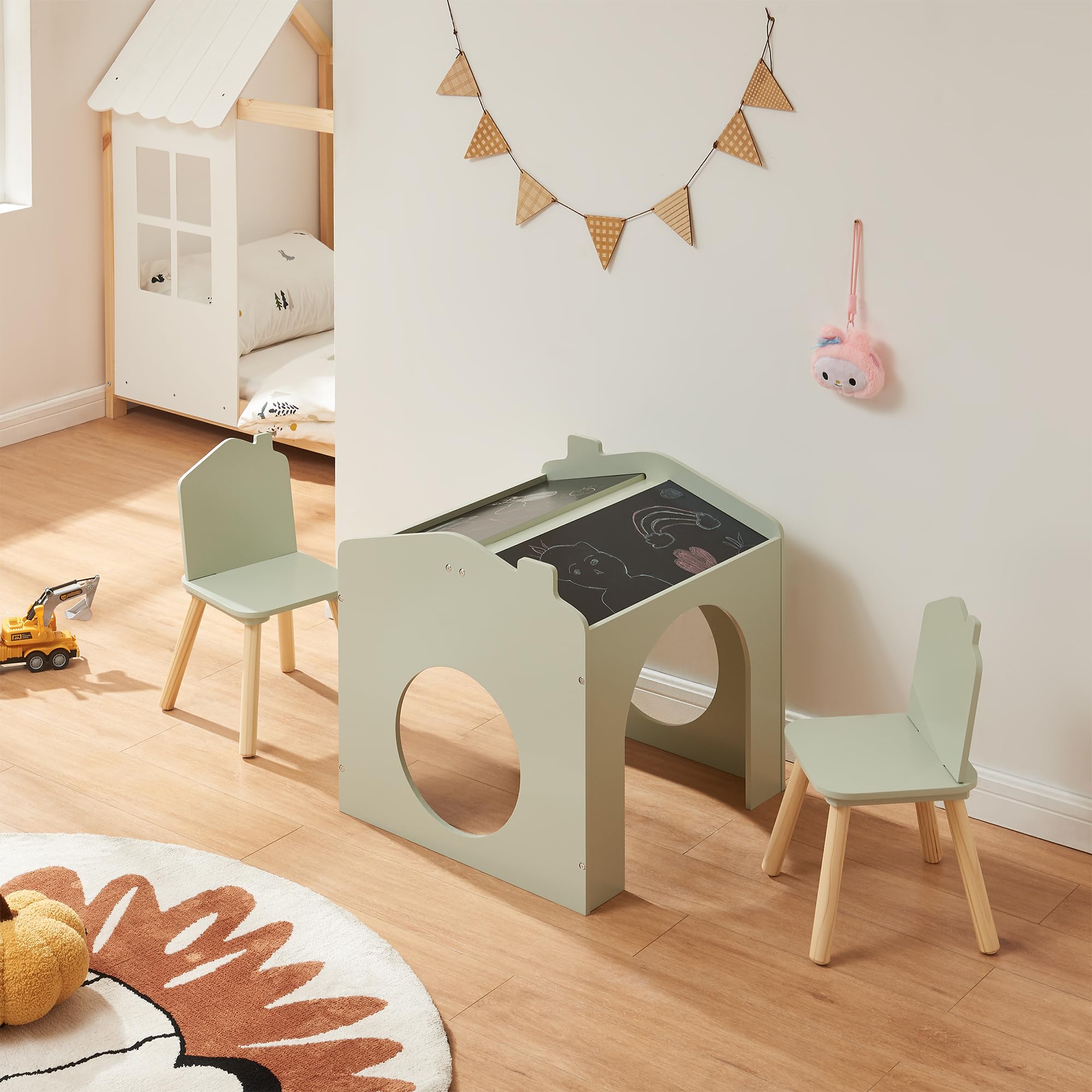 [en.casa] Set Tavolo e Sedie per Bambini Tavolino a Forma di Casetta con Lavagne Inclinate Arredo Creativo Mobili per Cameretta a Misura di Bimbi - Menta Verde