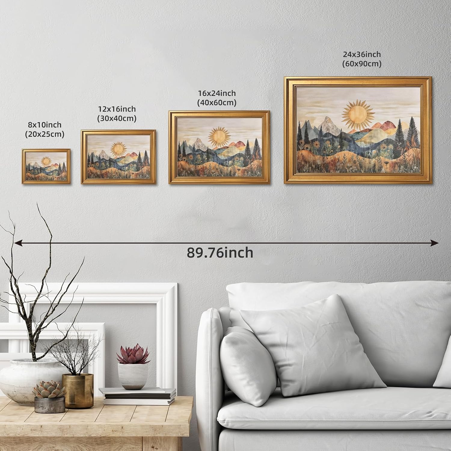 Large Framed Southwestern Sun Landscape Canvas Wall Art Retro Mountain Floral Mountain Painting Poster Modern Nature Folk Inspired Boho Sunburst Artwork Prints for Bedroom Home Decor 24x36inch
