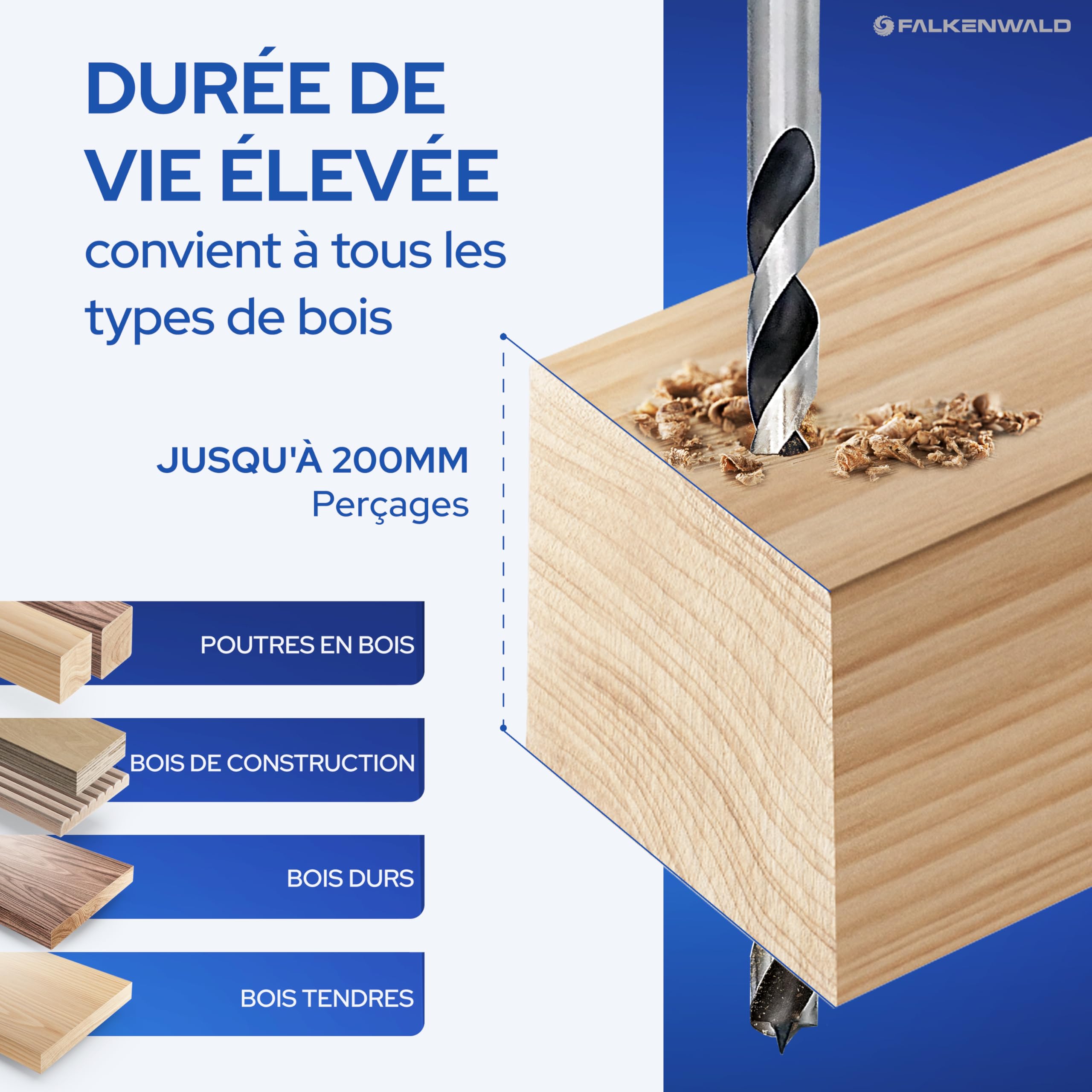 Falkenwald Lot de 7 forets à bois professionnels longs 7 pièces avec valise - Mèches hélicoïdales pour le bois - Forets hélicoïdaux Ø 4 mm, 5 mm, 6 mm, 7 mm, 8 mm, 10 mm, 12 mm x 250 mm