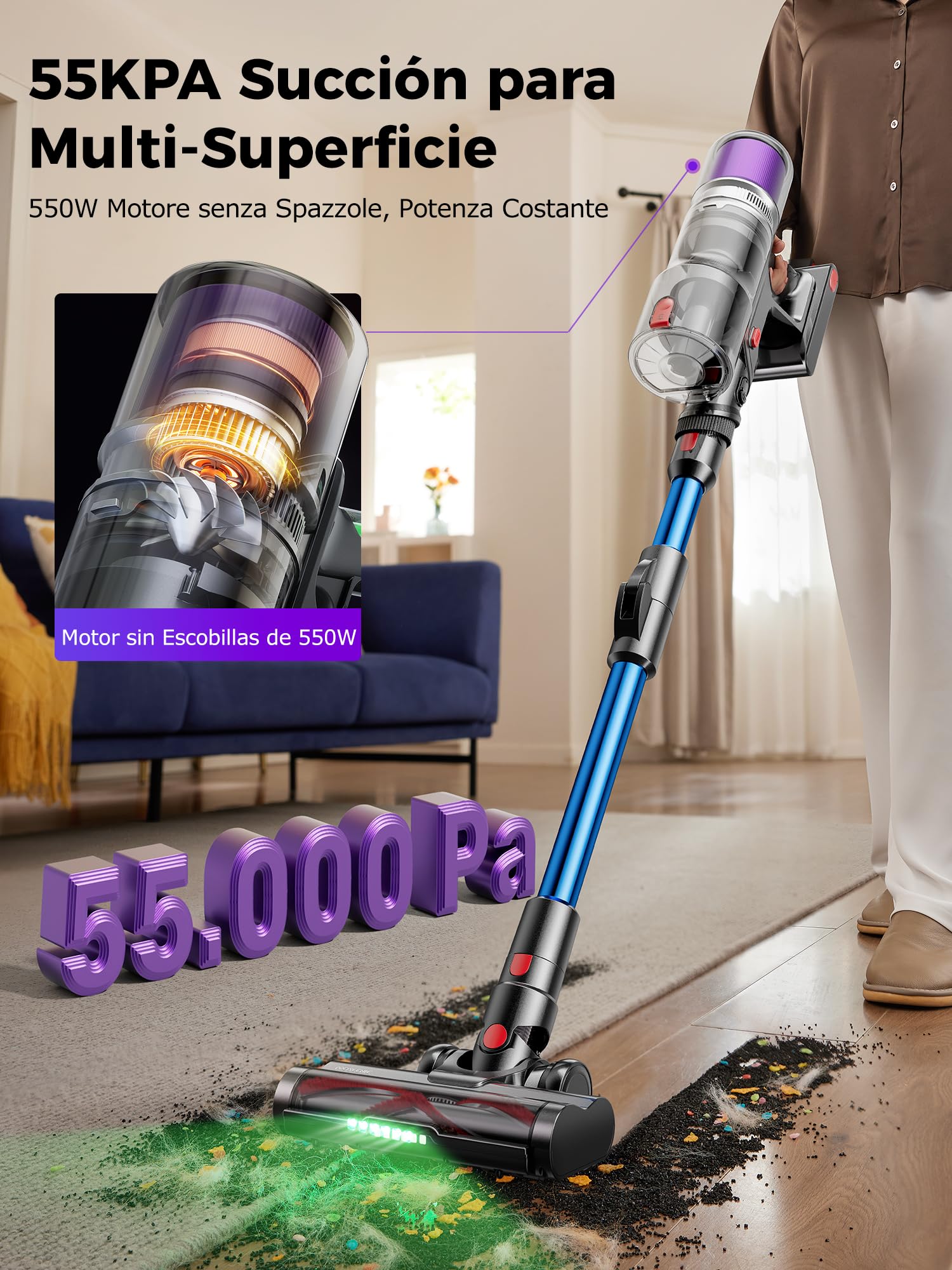 Proscenic P16 Aspiradora sin Cable 55Kpa/550W/65Mins, Aspiradora Escoba Vertical con Tubo Plegable, Cepillo Anti-Enredo y Pantalla Táctile LED para Suelo/Alfombra/Pelos de Mascotas
