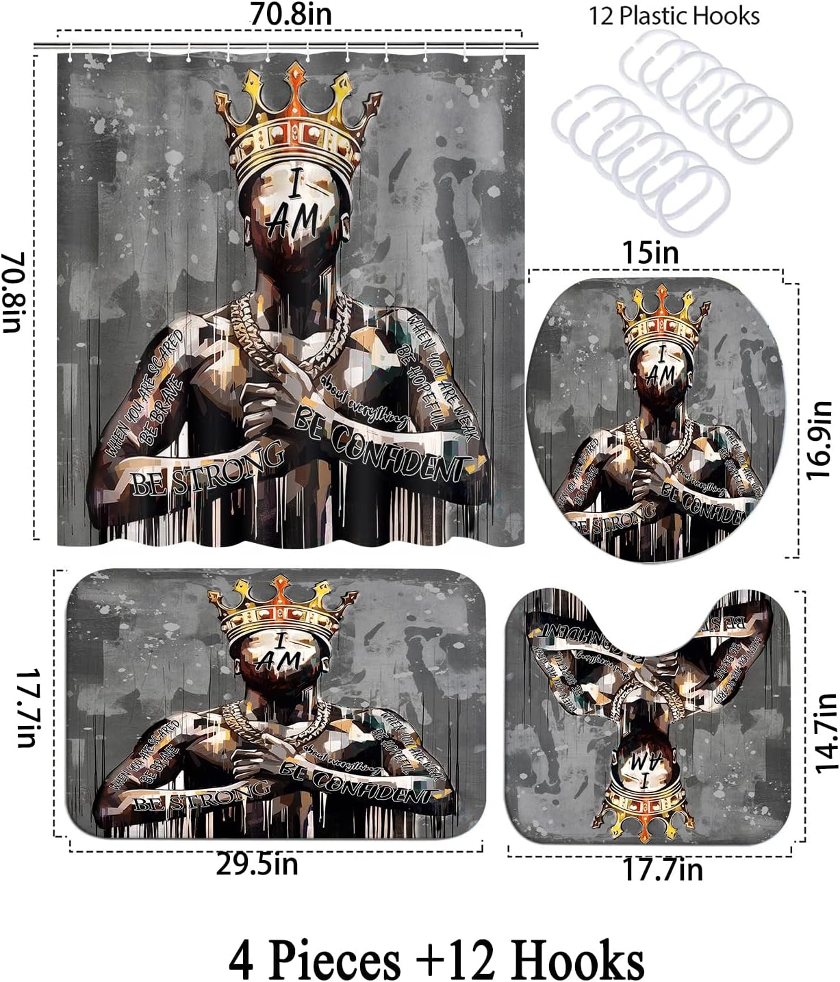 Black King Shower Curtain Set with Hooks, Powerful African American Praying Man Shower Curtains with Rugs Toilet Lid Cover Bath Mat, Cool Black Man Waterproof Bathroom Decor Shower Curtain Sets
