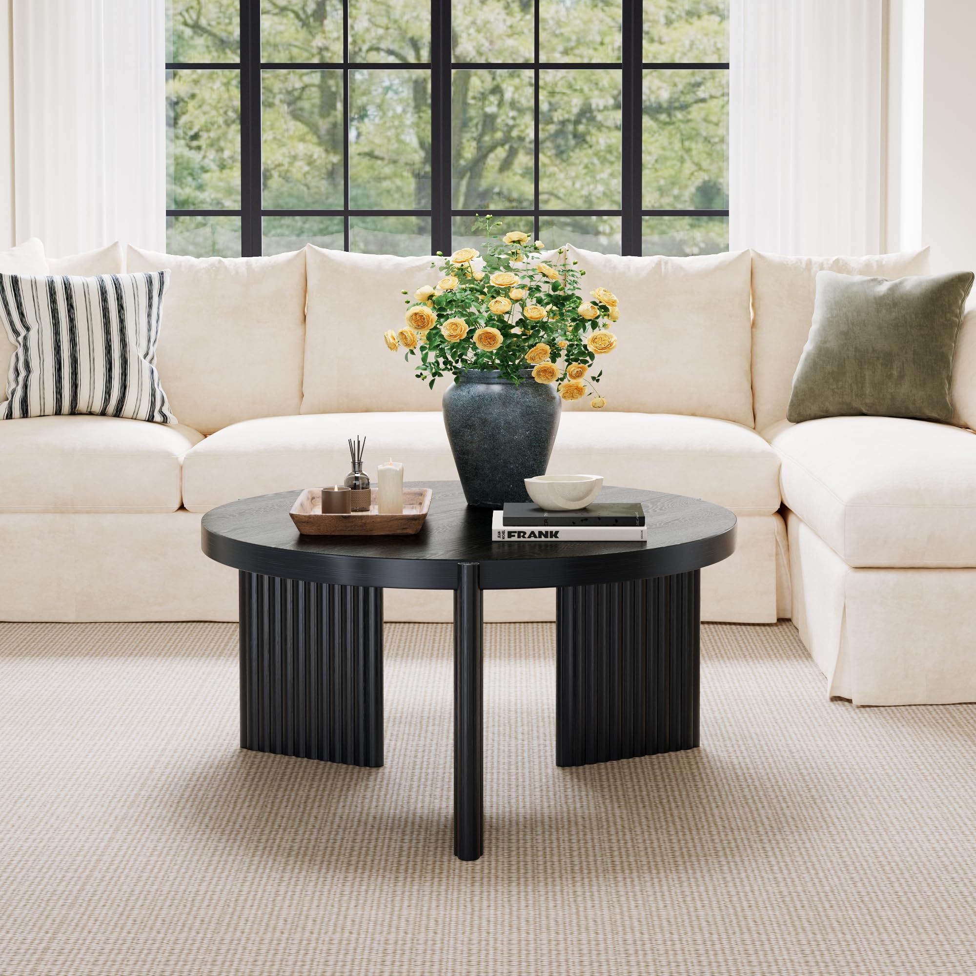 Luoxiao Round Coffee Table, 27.5" Fluted Coffee Tables for Living Room | Small Circle Accent Table for Apartment, Sturdy Ribbed Base, Rounded Edges, Thick Tabletop, Easy Assembly, Modern, Black