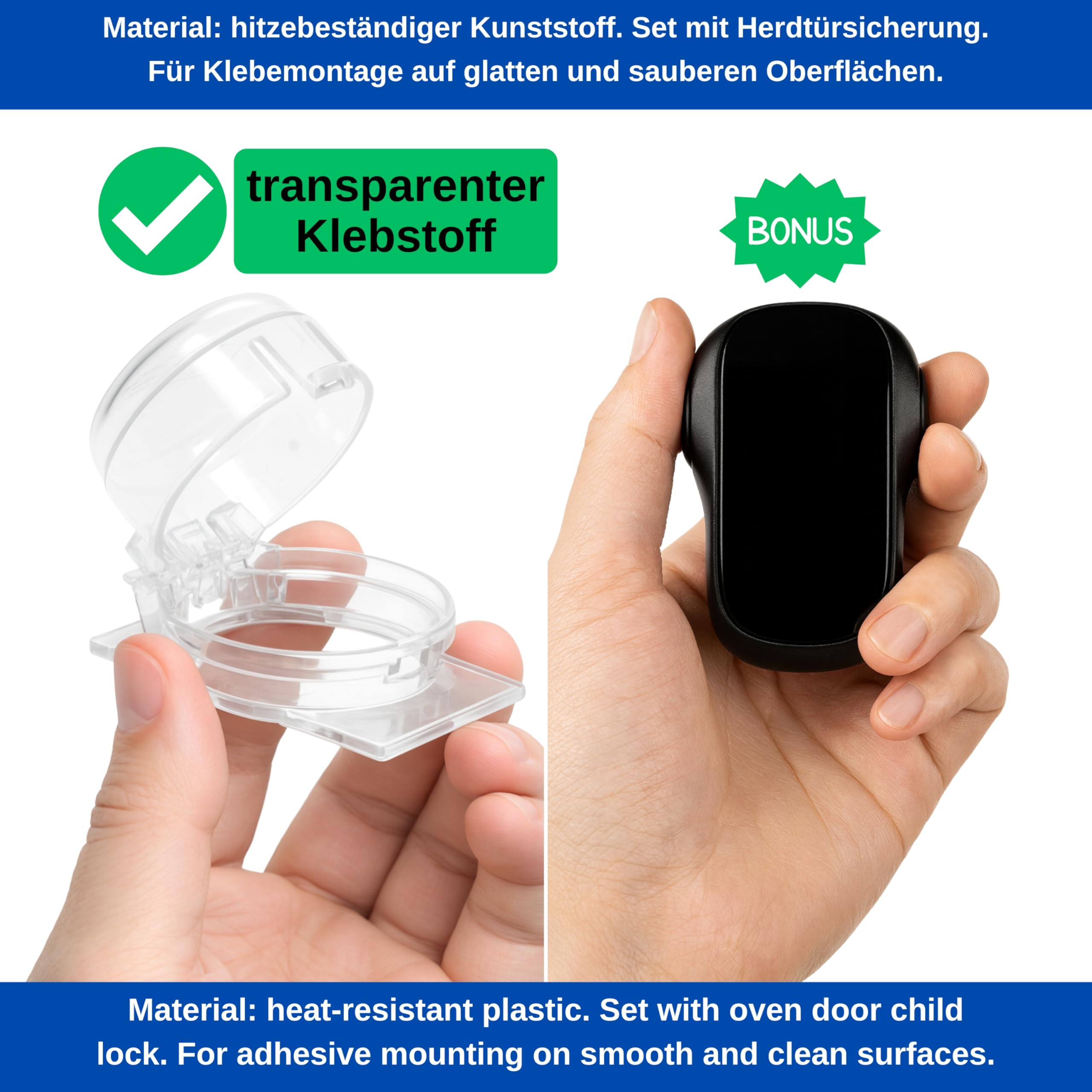 Herd Kindersicherung Set, für 6 Knöpfe, transparenter Kleber, mit Backofentür Babysicherung in Schwarz, für max. Ø 4,9 cm und 4 cm hohe Herdknöpfe mit min. 6,1 cm Abstand Mitte-Mitte, Herdschutz Kit