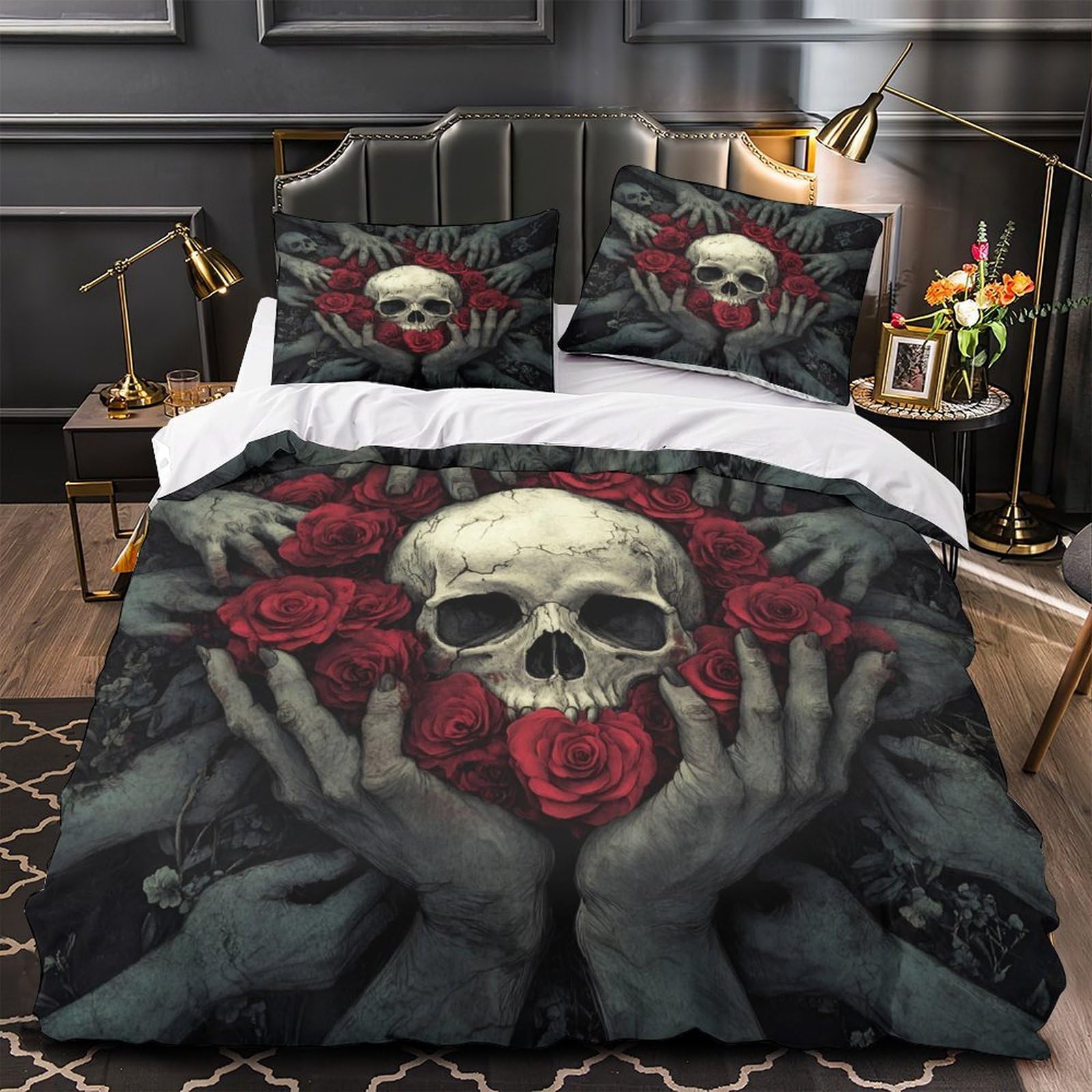 Housse de couette roses et crâne King en microfibre premium ultra douce 220x240