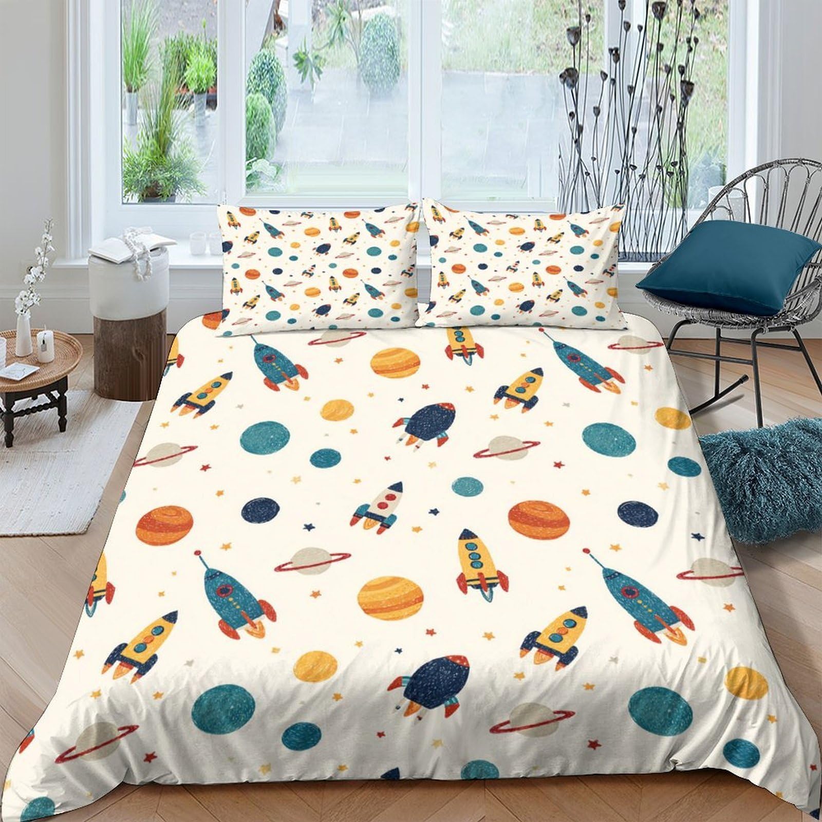 Ctjqhvkz Style-2 3D Printed Space Rocket Fitted Sheet Microfiber Soft Breathable Planet Mattress Cover For Bedroom Dorm Decor Single（135X200cm）