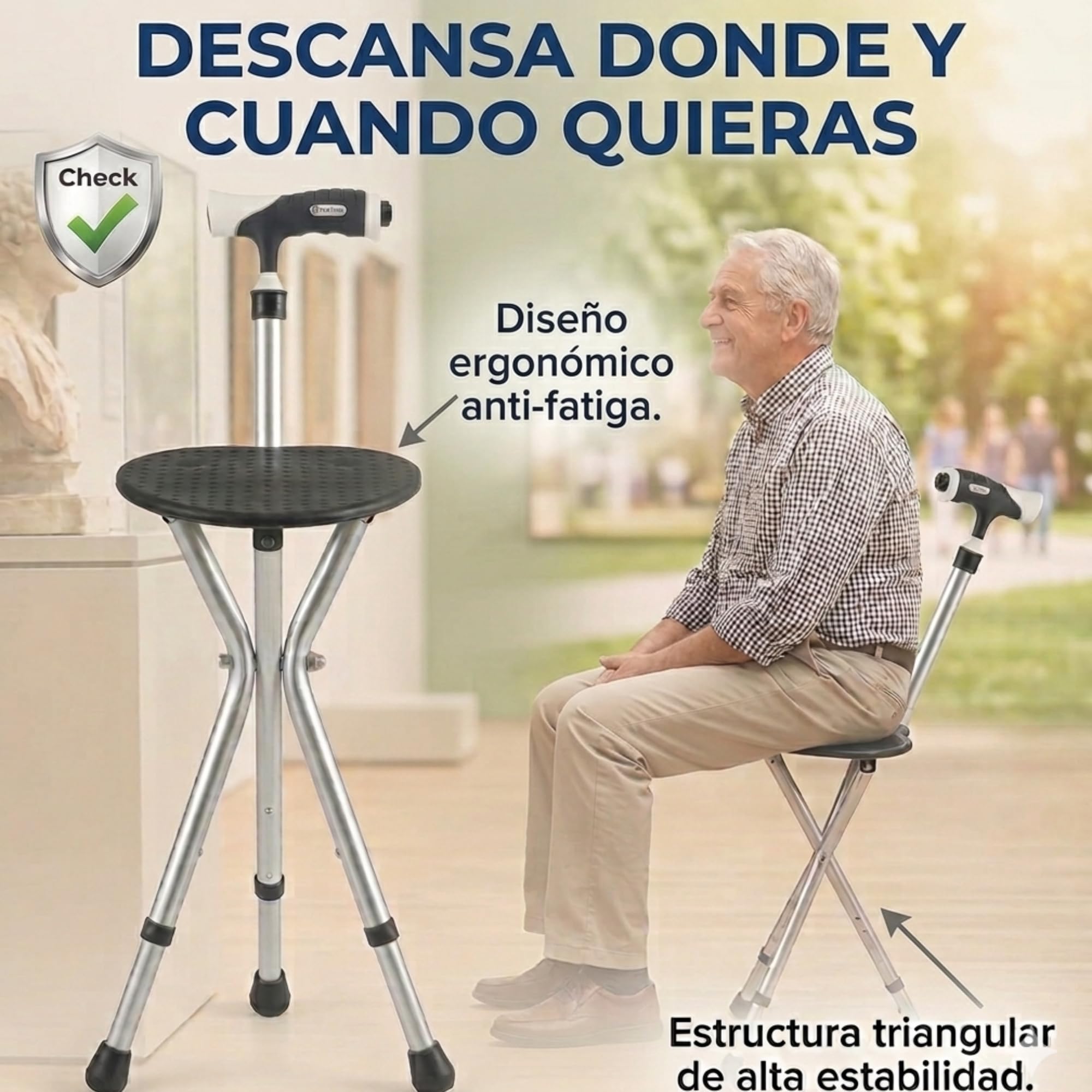 Bastón con Asiento Plegable - Silla portátil Ligera para Descansar piernas y Rodillas, Bastón para Personas Mayores con luz LED y 3 Patas Antideslizantes, Ideal Paseos y Compras, Negro