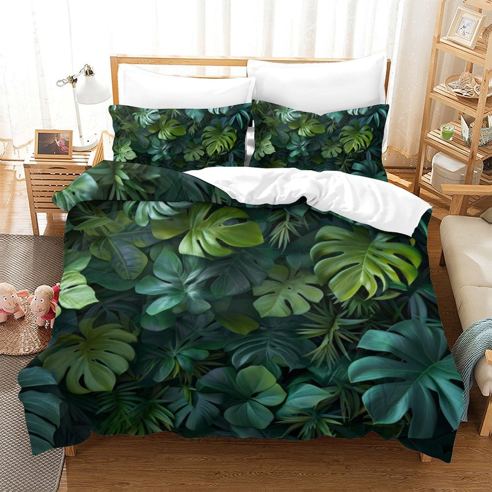 Housse de couette feuilles tropicales microfibre respirante anti-plis pour lit double
