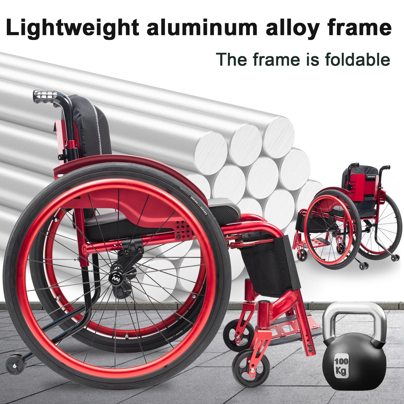 Lekki sportowy wózek inwalidzki ze stopu aluminium z podnóżkiem i poduszką do siedzenia (szerokość siedziska: 41 cm)