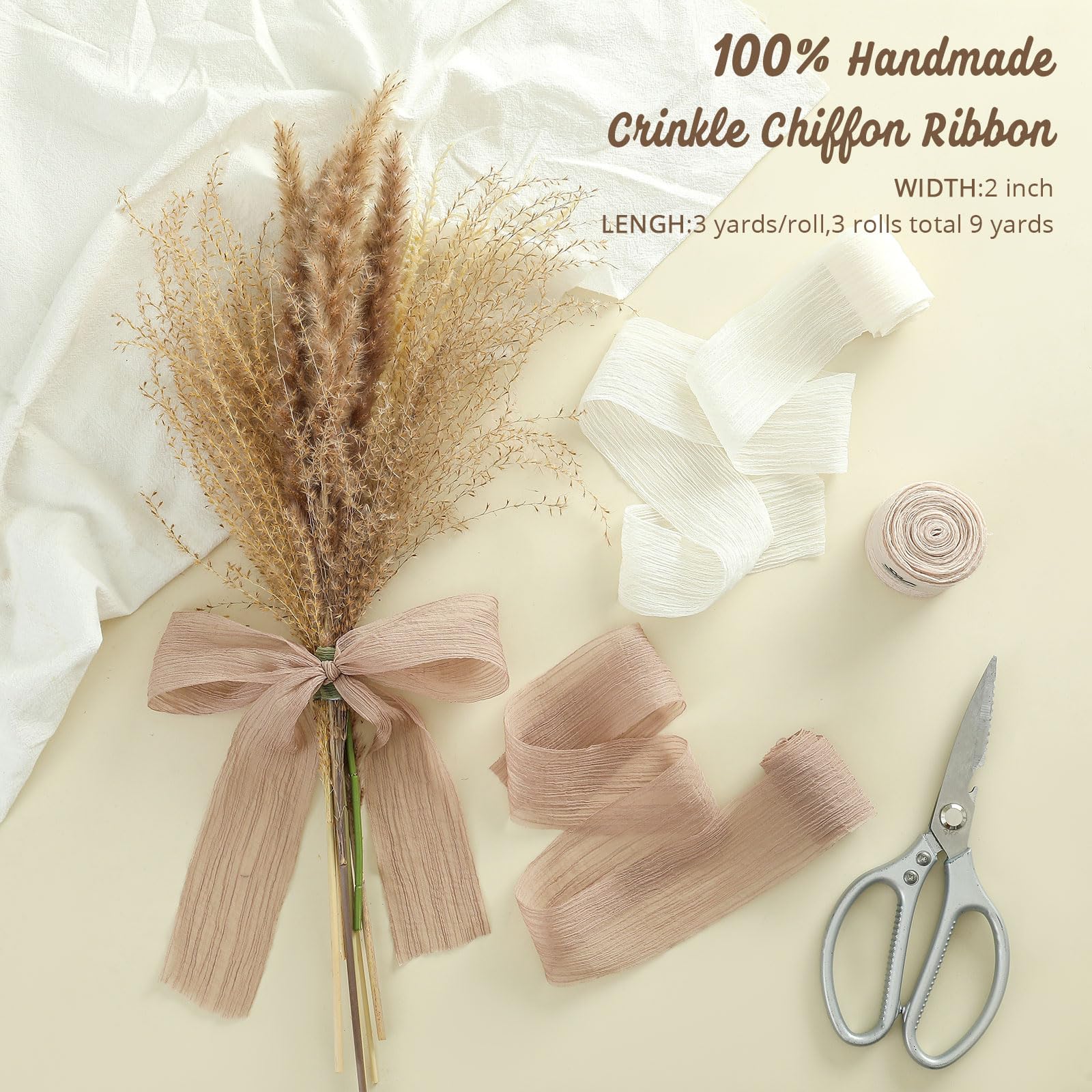 Pretty Jolly Crinkle Chiffon Ribbon for Flower Bouquet 2 Inch Beige Tulle Ribbon for Gift Wrapping Handmade Silk Ribbon 9 Yards Double Faced Ribbons for Crafts Hair Wedding Invitation Baby Shower - Image 2