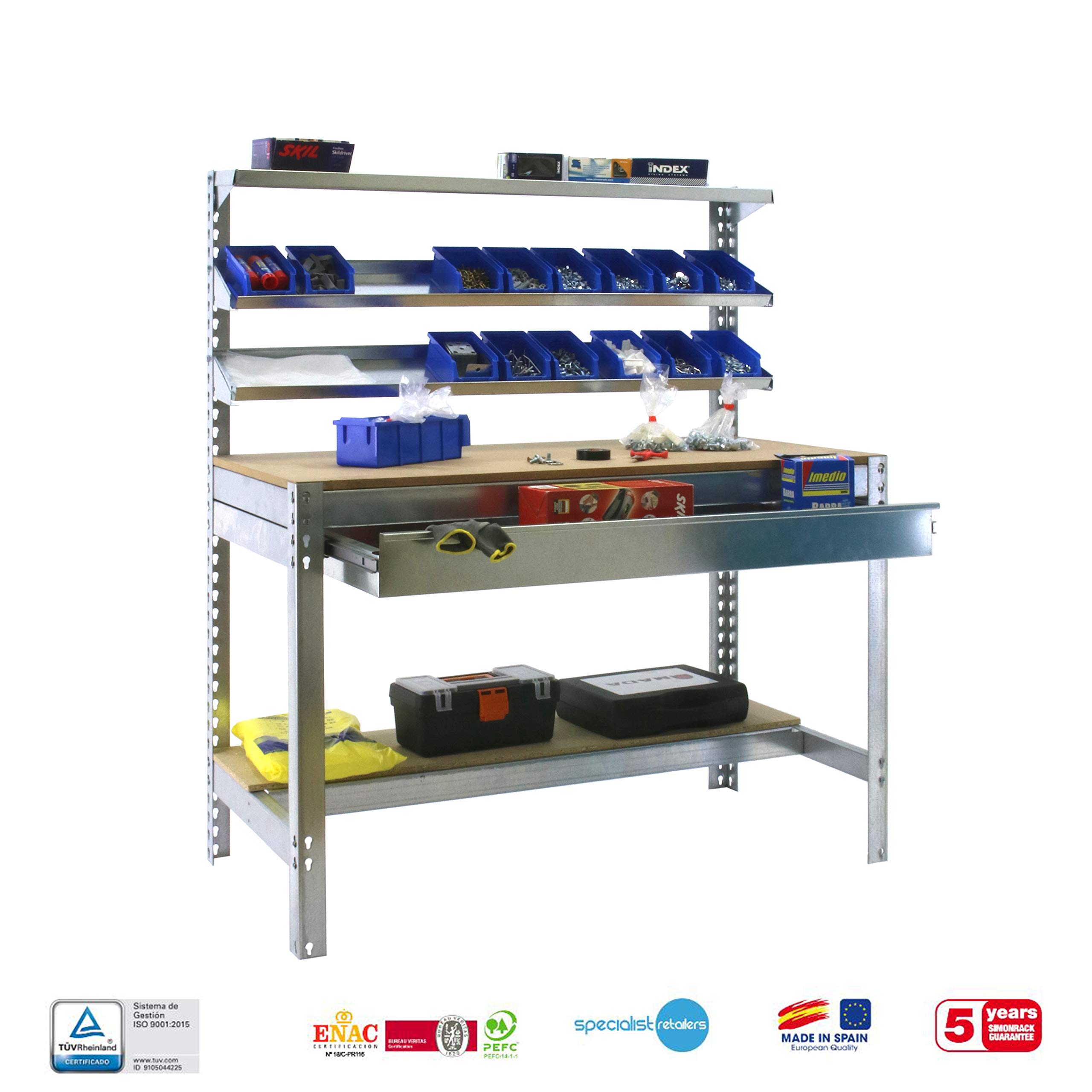 Simon Rack Banco de Trabajo con 3 repisas y cajón 910x610 mm - BT1 | Capacidad Carga 400 kg, Pintura anticorrosión, Galva , Montaje sistema clic