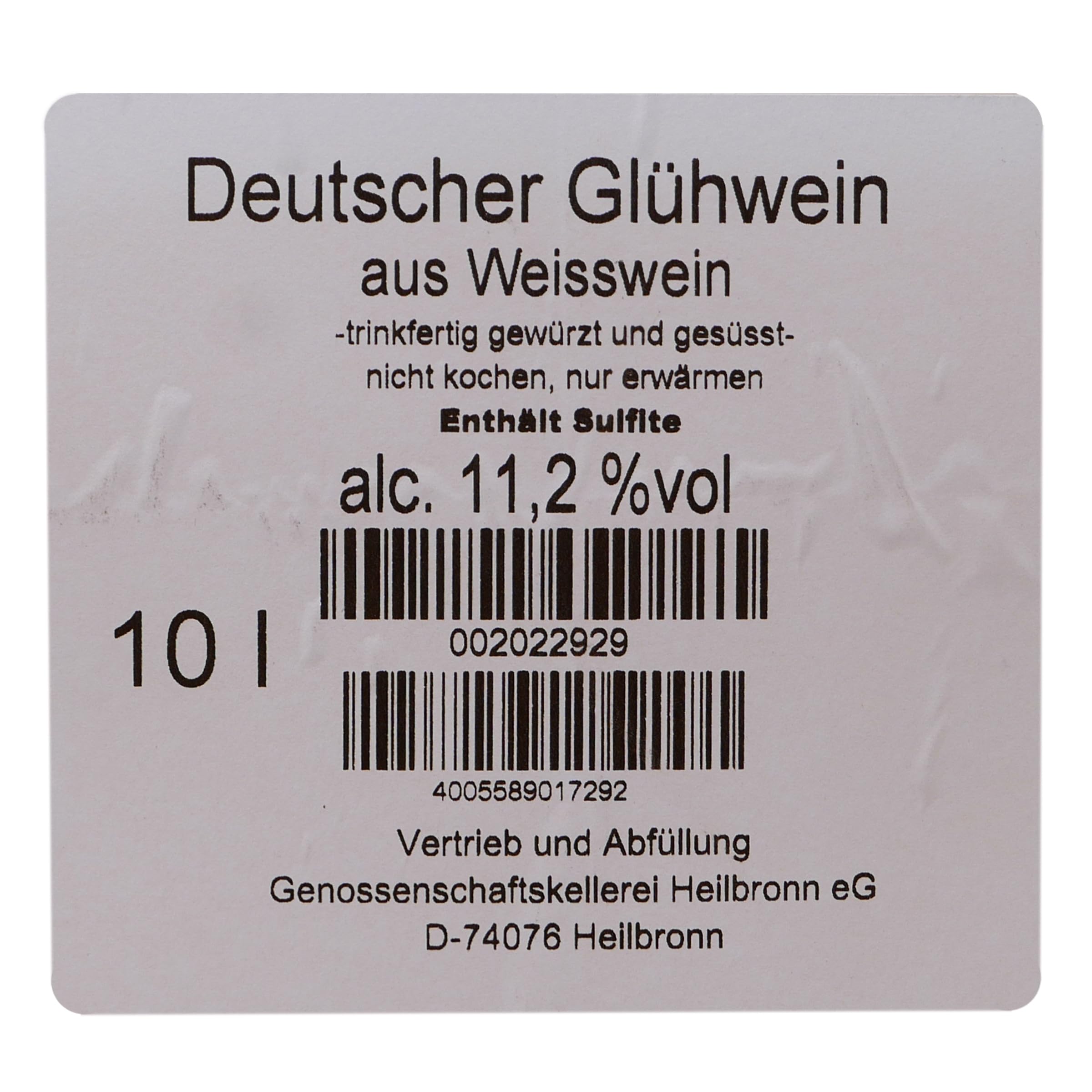WZG Glühwein Weiß 10L Kanister – Weißer Glühwein für Großveranstaltungen | Trinkfertig gewürzt, von der Genossenschaftskellerei Heilbronn – für 40+ Gäste