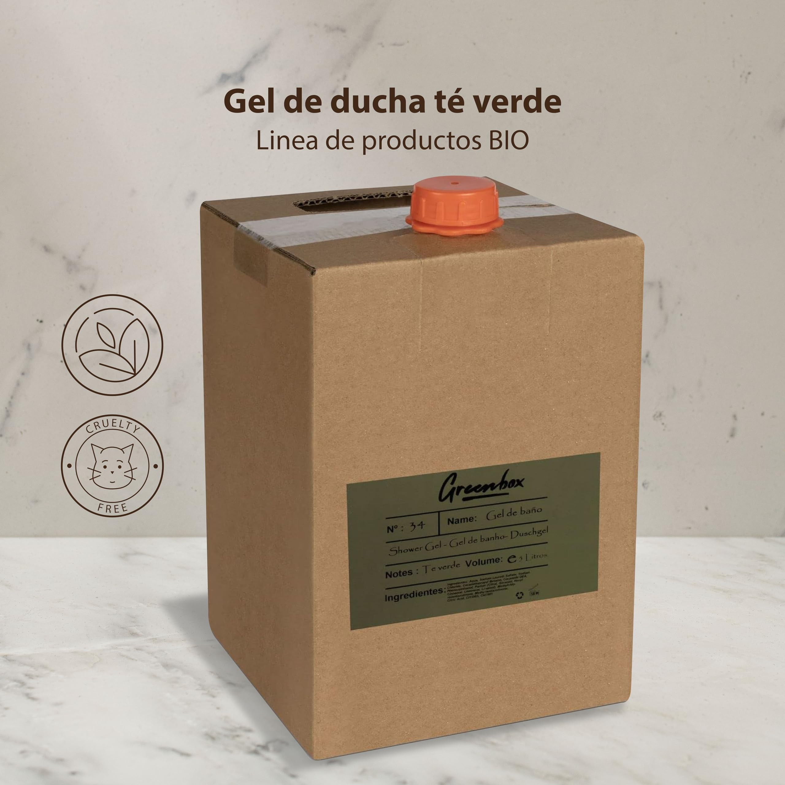 Ricarica gel doccia in "bag in box" BIO - gel doccia idratante all'aroma di tè verde, 5L. Imballaggio ecologico e maniglia per il trasporto. Risparmia denaro e aiuta l'ambiente.