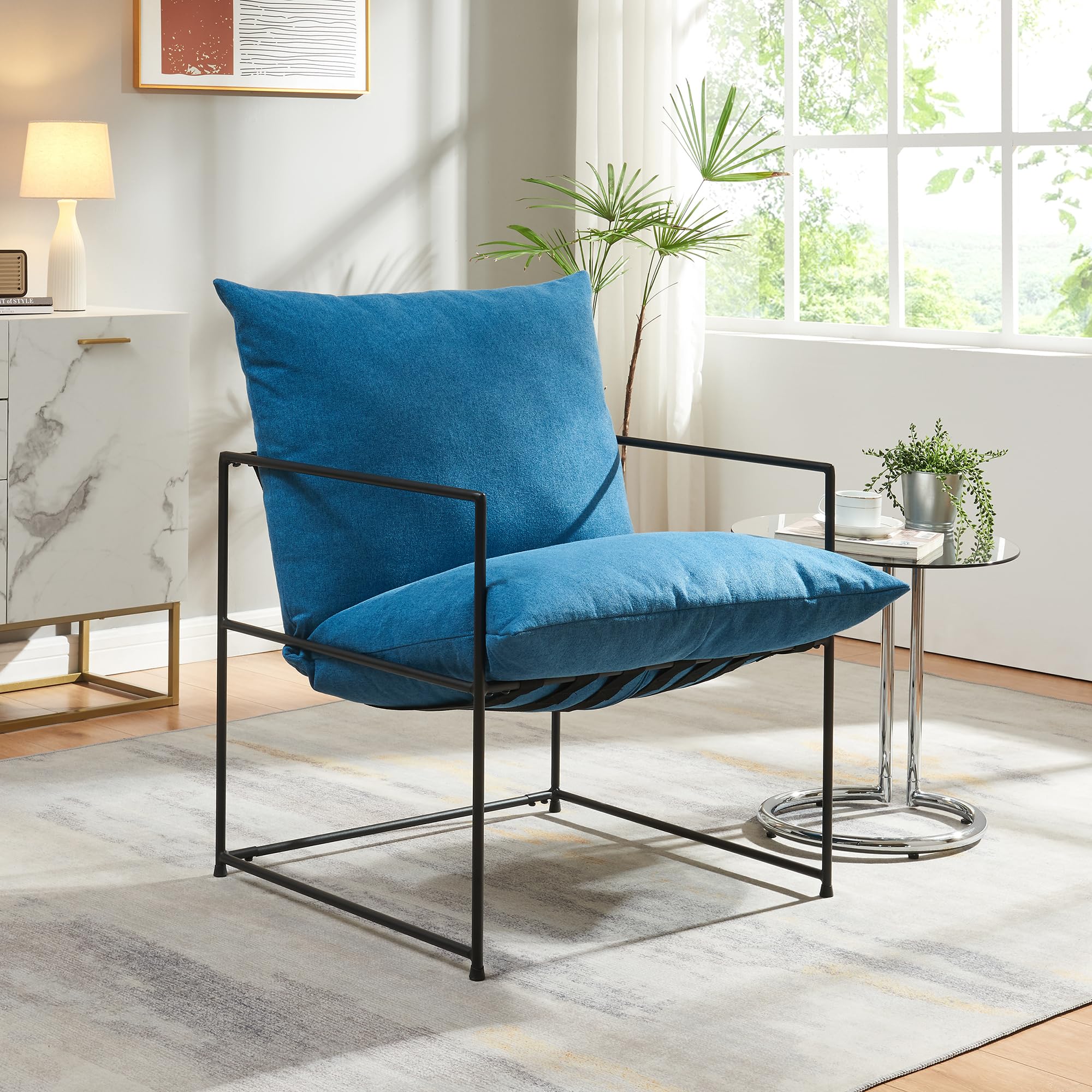 [en.casa] Poltrona Moderna con Cuscino Imbottito e Telaio in Metallo Sedia Relax per Soggiorno Salotto Camera da Letto 90 x 61 x 70 cm Nero/Blu
