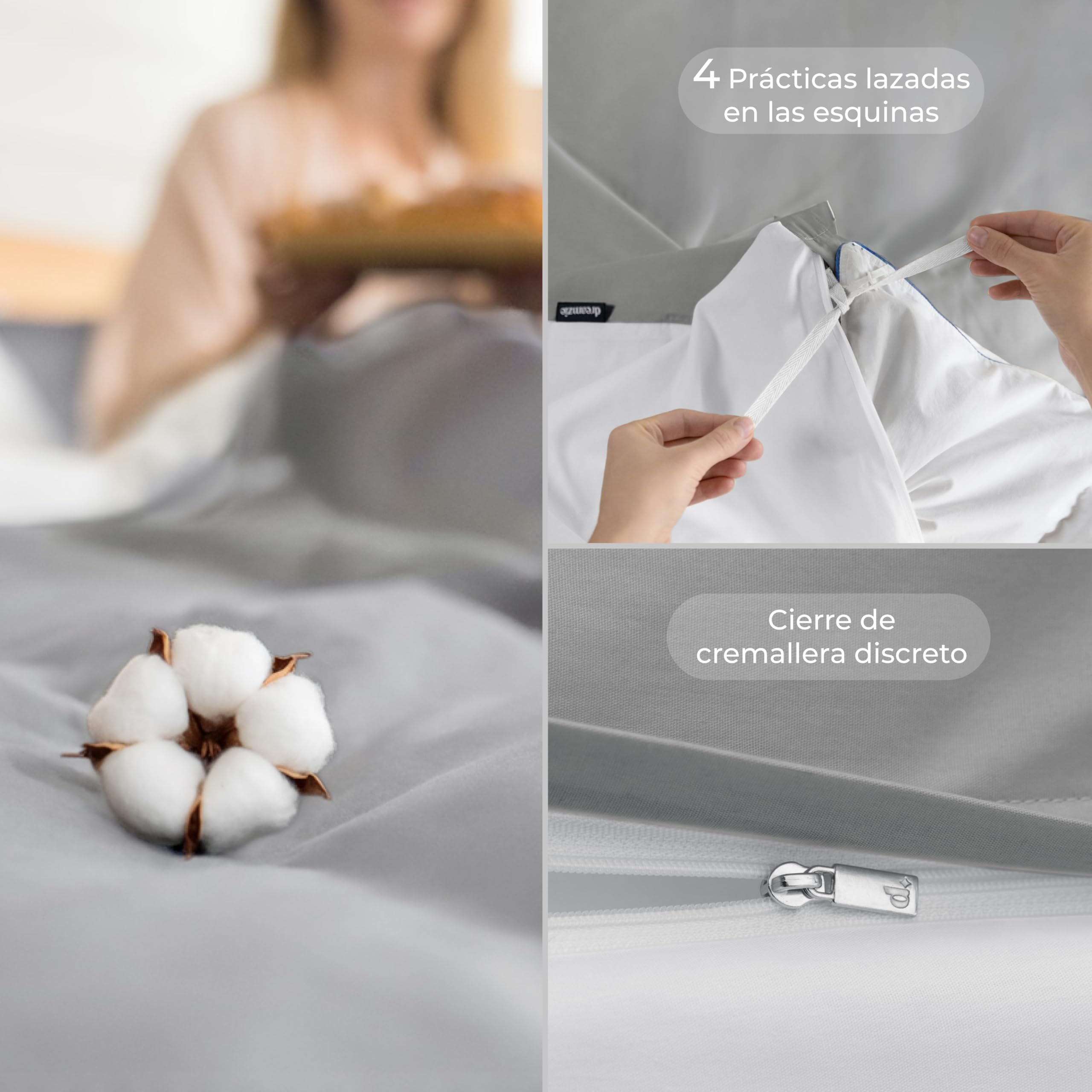 Dreamzie Funda nordica Cama 150/160 Algodon - Funda edredon 220x240 con Cierre + 2 Fundas Almohada 65x65 - Juego de Cama Liso y Reversible - Gris Claro