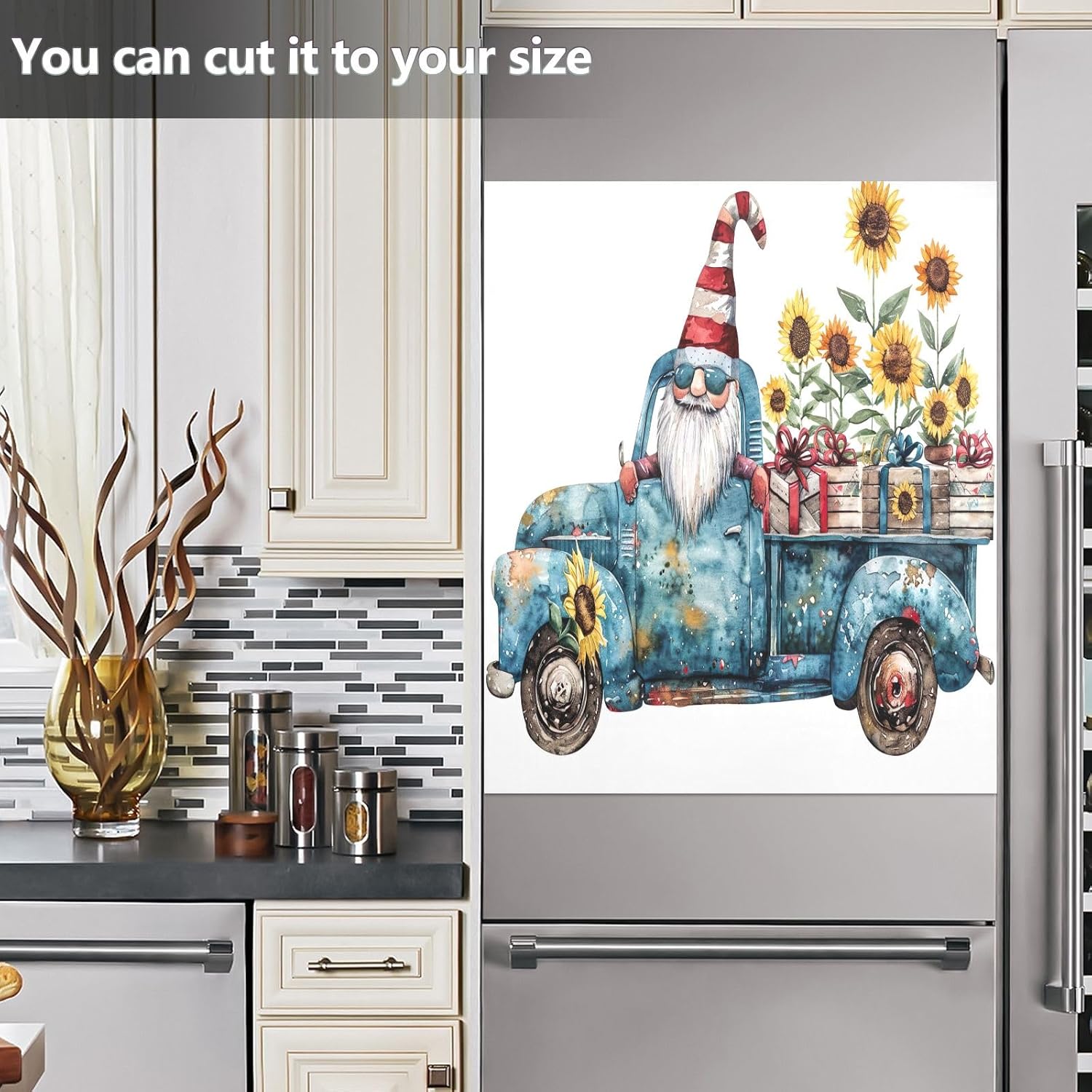 4th of July Gnome Truck Sunflowers Dishwasher Magnetic Sticker, Decorative Kitchen Panel Decal Reusable Magnetic Refrigerator Sticker 23 x 26 Inches