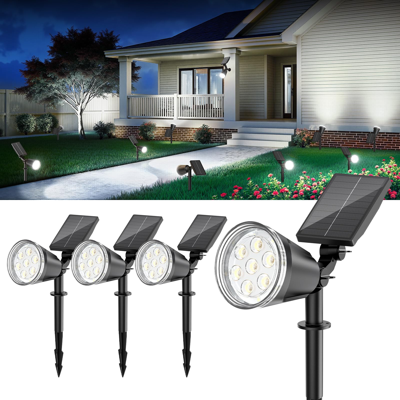 GEARLITE Solarlampen für Außen Garten, Warmweiß Solar LED Strahler Außen mit 1500 mAh Batterie, 1200 Lumen Solarleuchten für Außen mit IP65 Wasserdicht für Gartendeko Blumen Fußweg (Weißes Licht, 4)