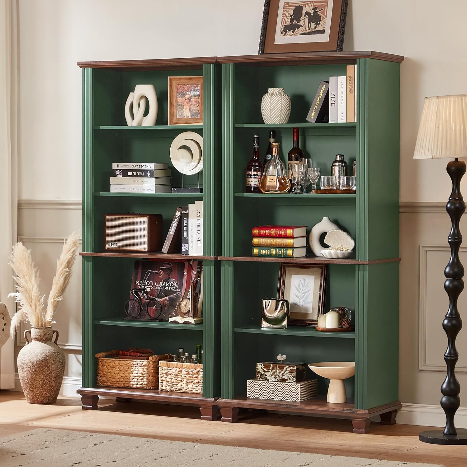 SAVOR LIFE 70" Tall Green Bookshelf,5 Tier Wooden Book Shelf with Adjustable Shelves & Wood Legs,Free Standing Farmhouse Bookcase with Open Display Storage,Vintage Bookshelves for Library,Classroom