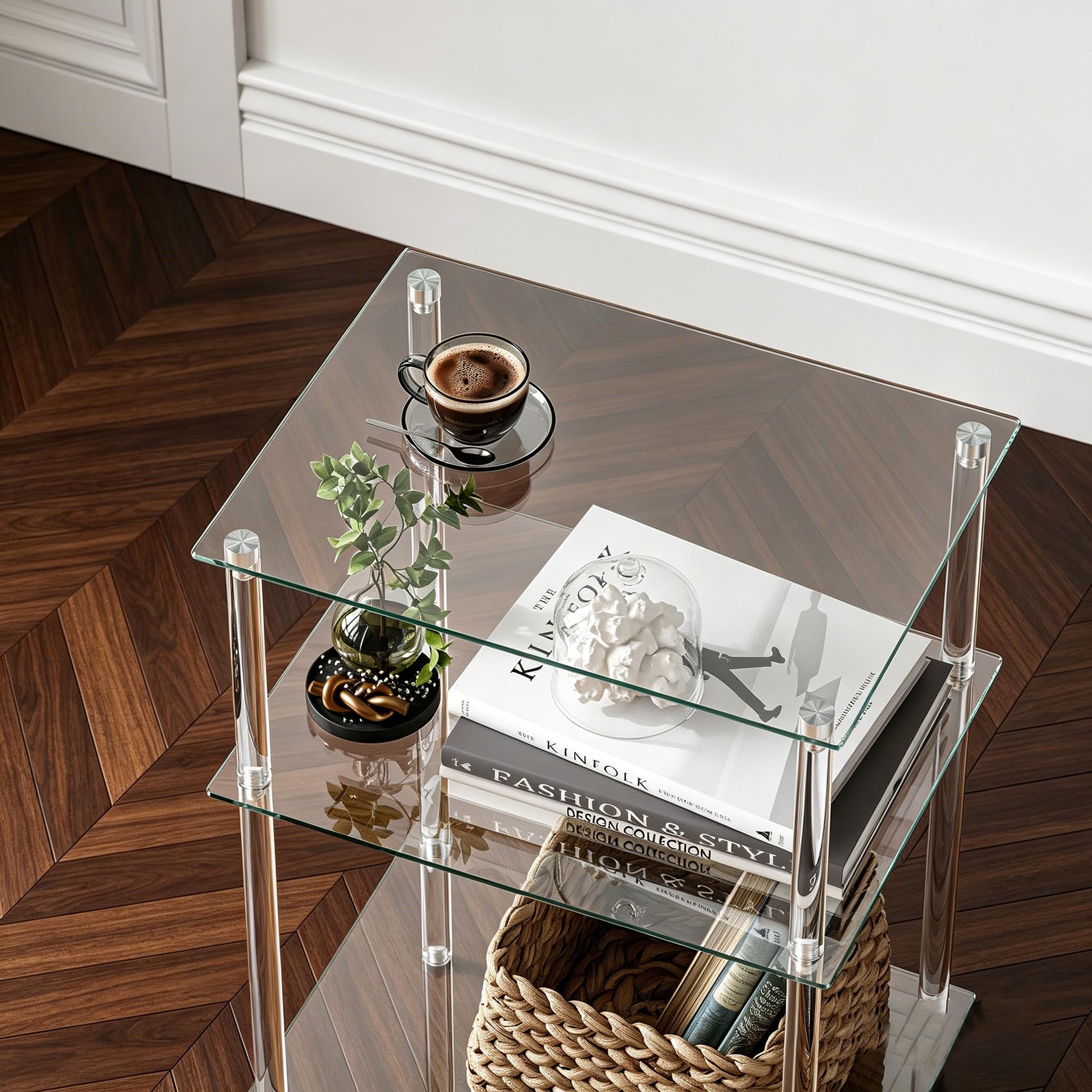 Mesa de Centro Cuadrada Mesa de Cristal Transparente con 3 Niveles Mesas Auxiliares para Salon y Dormitorio Diseño Elegante LET519TR