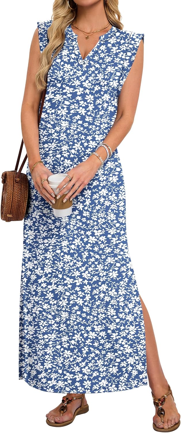 AUSELILY Women’s V Neck Maxi Dresses, Straight-Cut Wrinkle-Free, Summer Split Sleeveless Vacation Dress with Pockets 2026